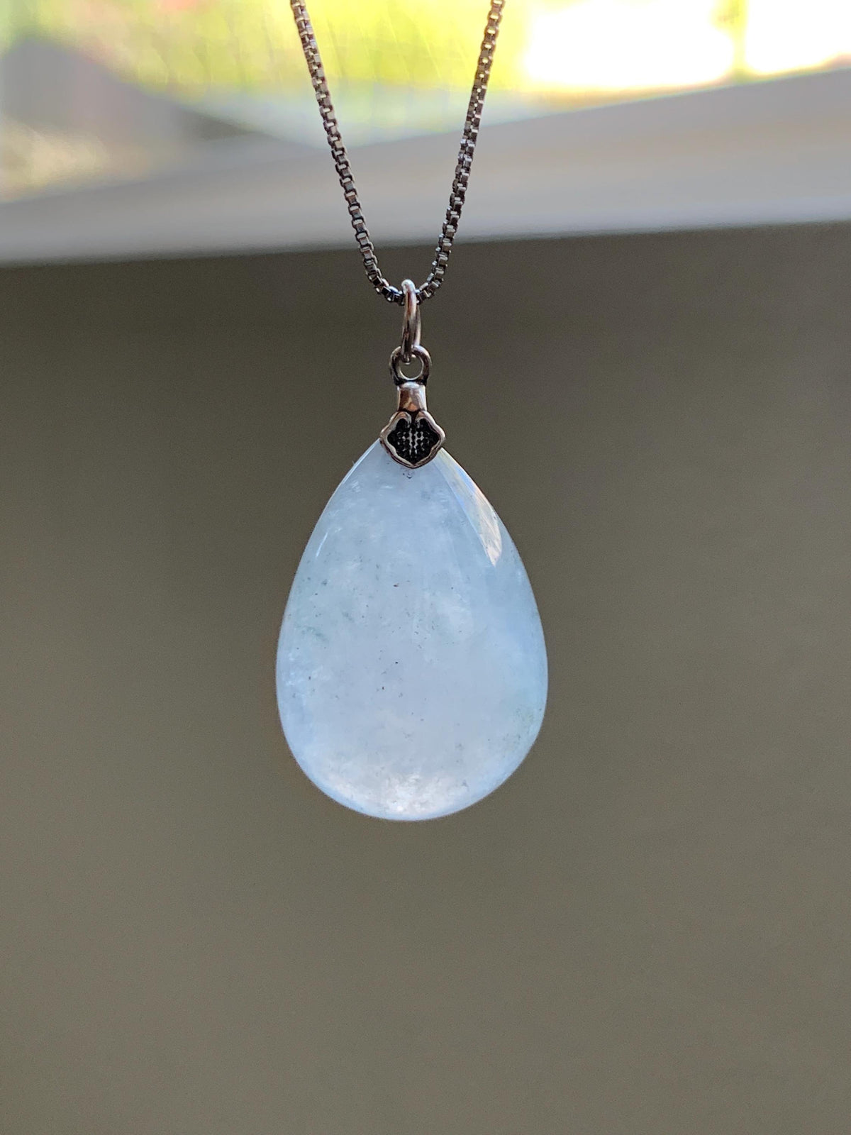 Certified Natural Grade A Icy Highly Translucent Light Gray Wuji Jade Jadeite Teardrop Large Pendant Sterling Silver 6.76g 天然冰胶浅乌鸡翡翠水滴吊坠 969