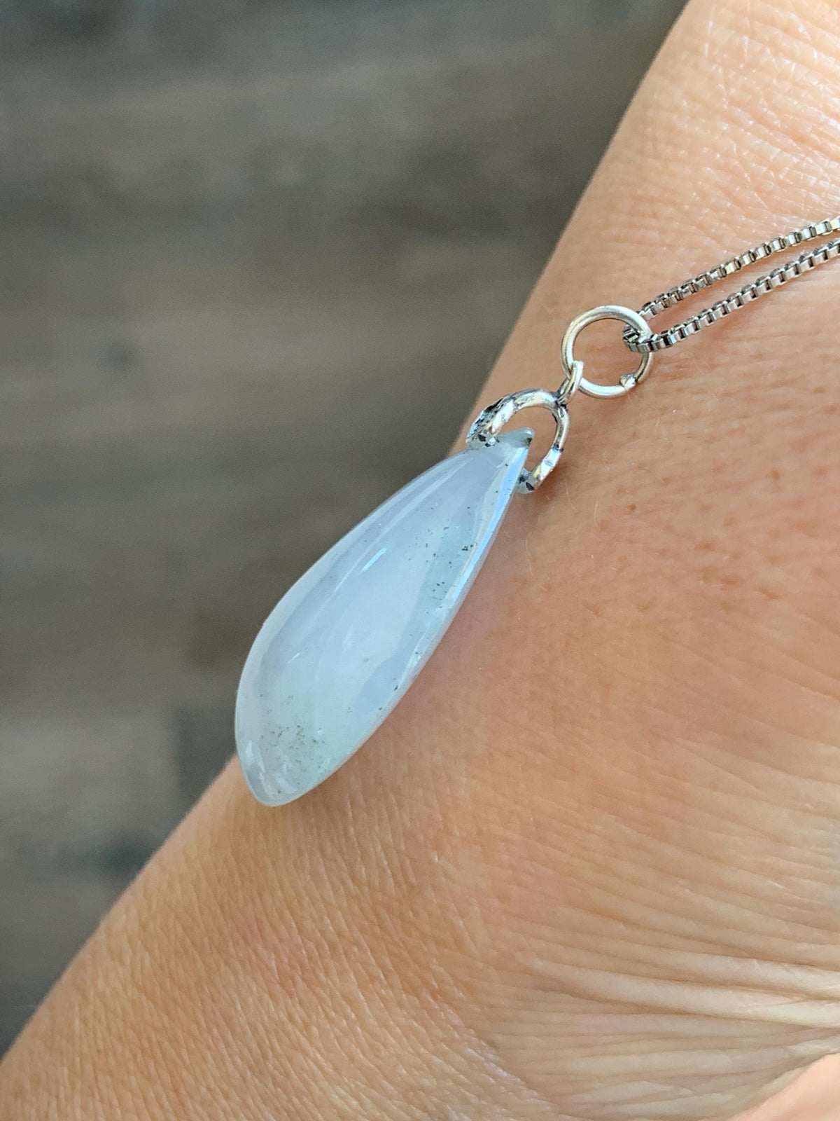 Certified Natural Grade A Icy Highly Translucent Light Gray Wuji Jade Jadeite Teardrop Large Pendant Sterling Silver 6.76g 天然冰胶浅乌鸡翡翠水滴吊坠 969