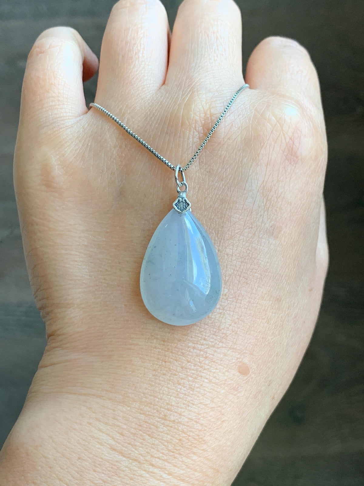 Certified Natural Grade A Icy Highly Translucent Light Gray Wuji Jade Jadeite Teardrop Large Pendant Sterling Silver 6.76g 天然冰胶浅乌鸡翡翠水滴吊坠 969