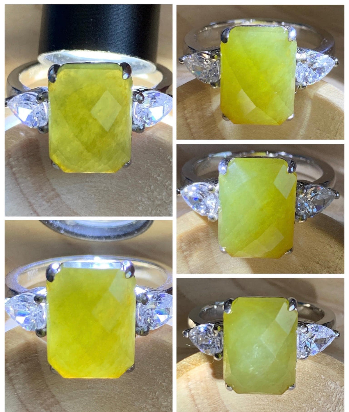 Certified Natural Garde A Icy Translucent Yellowish Olive Green Faceted Jade Jadeite Ring Sterling Silver Size 7.25 US 天然冰茶黄切割面翡翠银镶戒指 1029