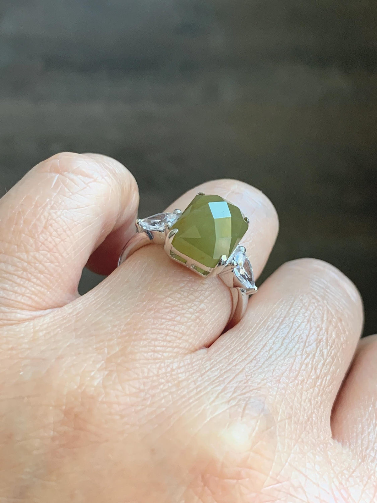Certified Natural Garde A Icy Translucent Yellowish Olive Green Faceted Jade Jadeite Ring Sterling Silver Size 7.25 US 天然冰茶黄切割面翡翠银镶戒指 1029