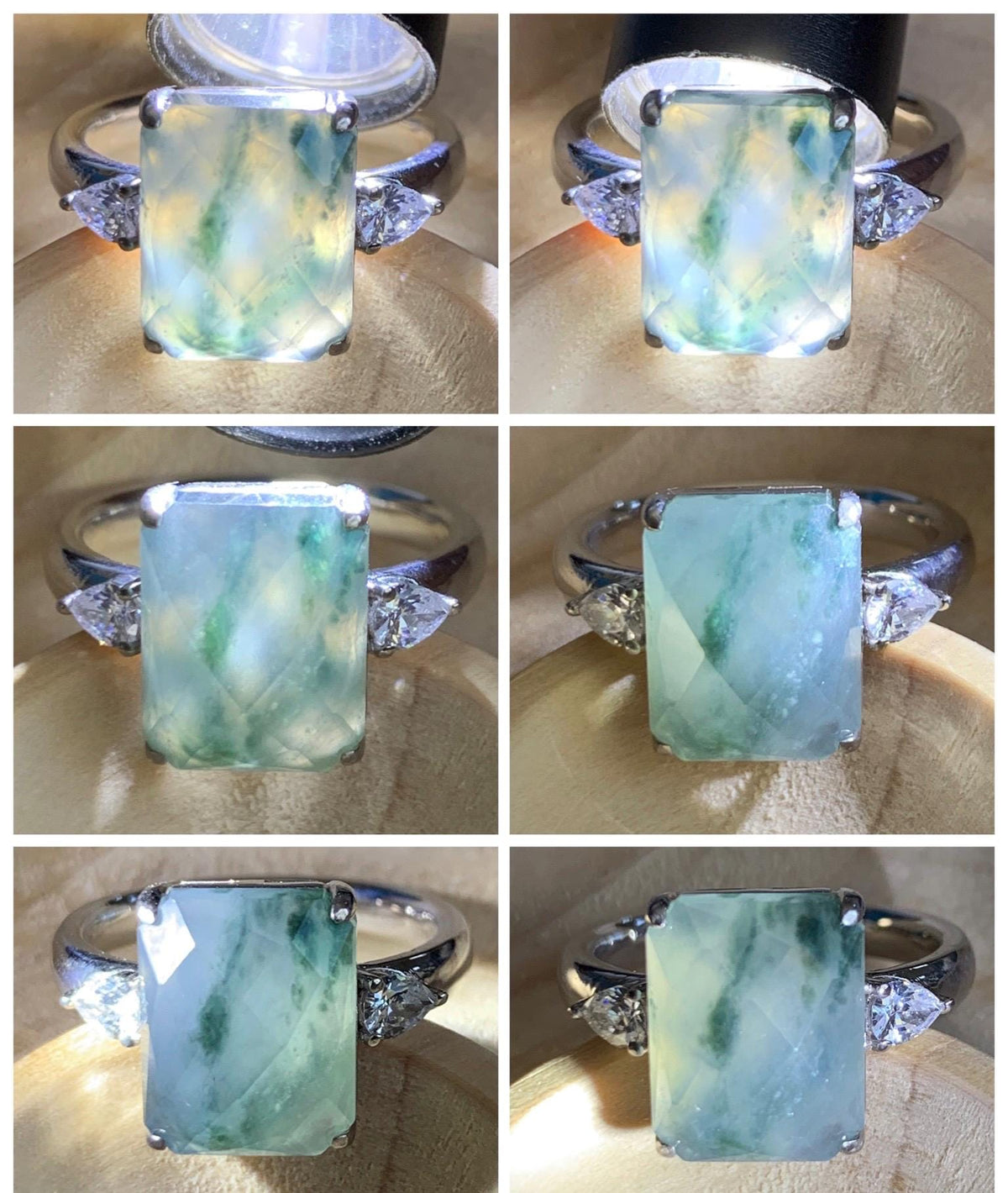 Certified Natural Garde A Icy Highly Translucent Pastel Green Marbled Jade Jadeite Ring Sterling Silver Size 7.5 US 天然冰晴飘花切割面翡翠银镶戒指 1018