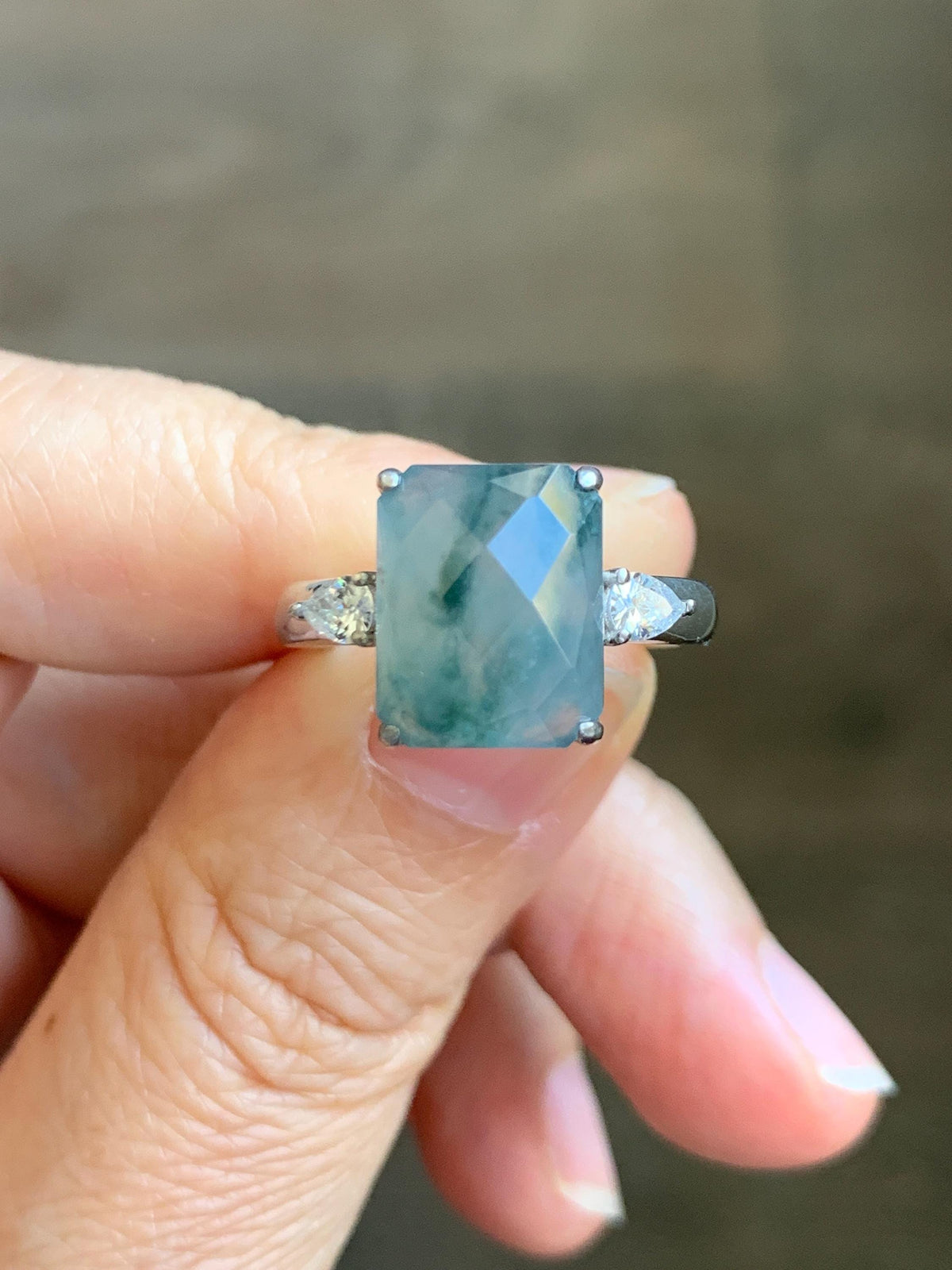 Certified Natural Garde A Icy Highly Translucent Pastel Green Marbled Jade Jadeite Ring Sterling Silver Size 7.5 US 天然冰晴飘花切割面翡翠银镶戒指 1018