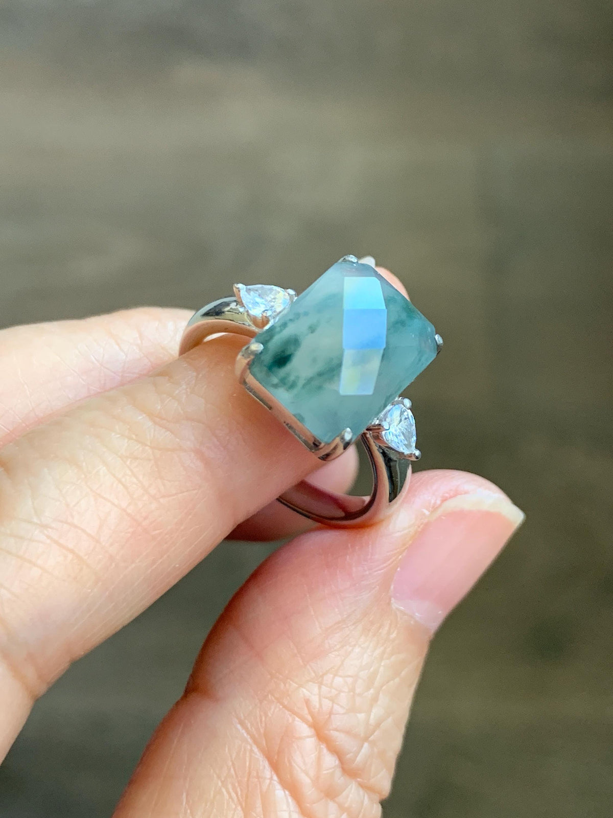 Certified Natural Garde A Icy Highly Translucent Pastel Green Marbled Jade Jadeite Ring Sterling Silver Size 7.5 US 天然冰晴飘花切割面翡翠银镶戒指 1018