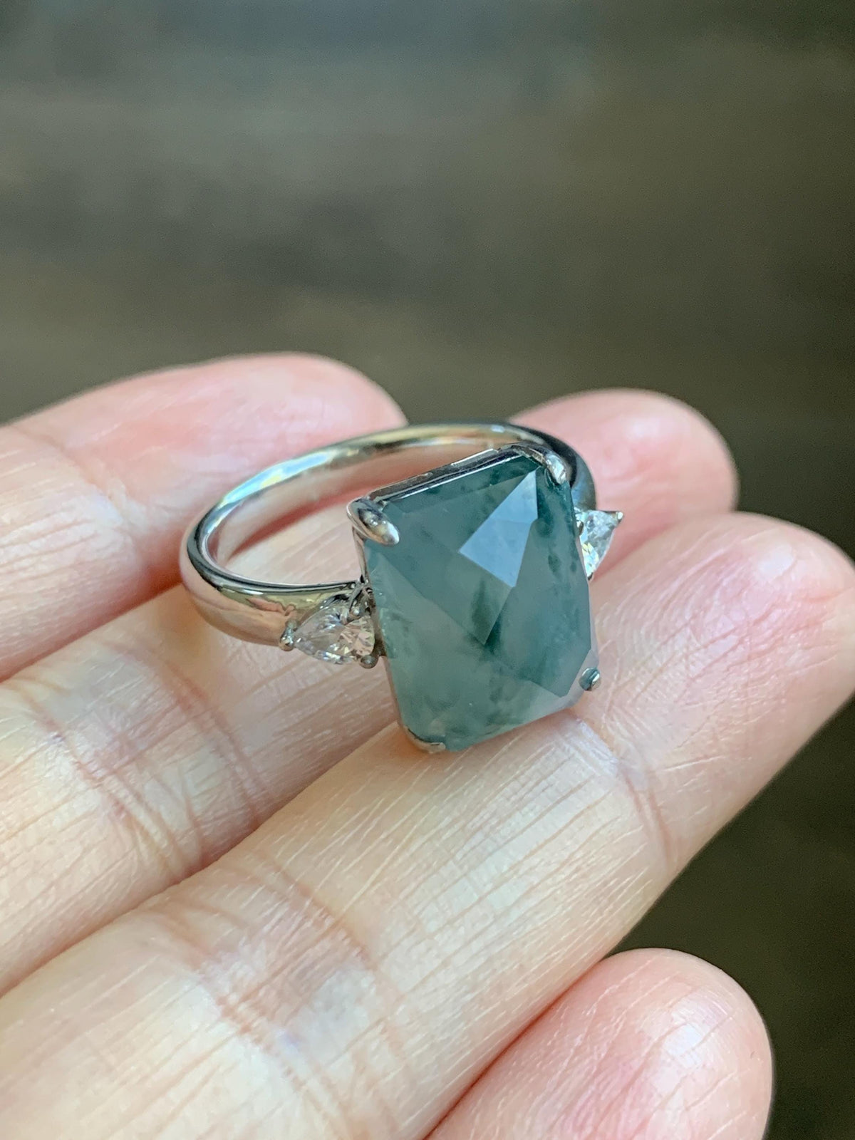 Certified Natural Garde A Icy Highly Translucent Pastel Green Marbled Jade Jadeite Ring Sterling Silver Size 7.5 US 天然冰晴飘花切割面翡翠银镶戒指 1018