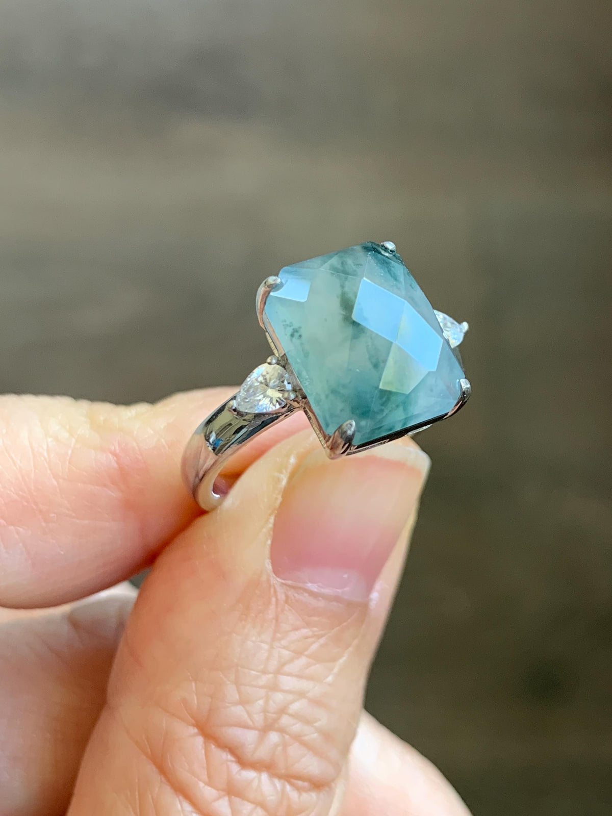 Certified Natural Garde A Icy Highly Translucent Pastel Green Marbled Jade Jadeite Ring Sterling Silver Size 7.5 US 天然冰晴飘花切割面翡翠银镶戒指 1018