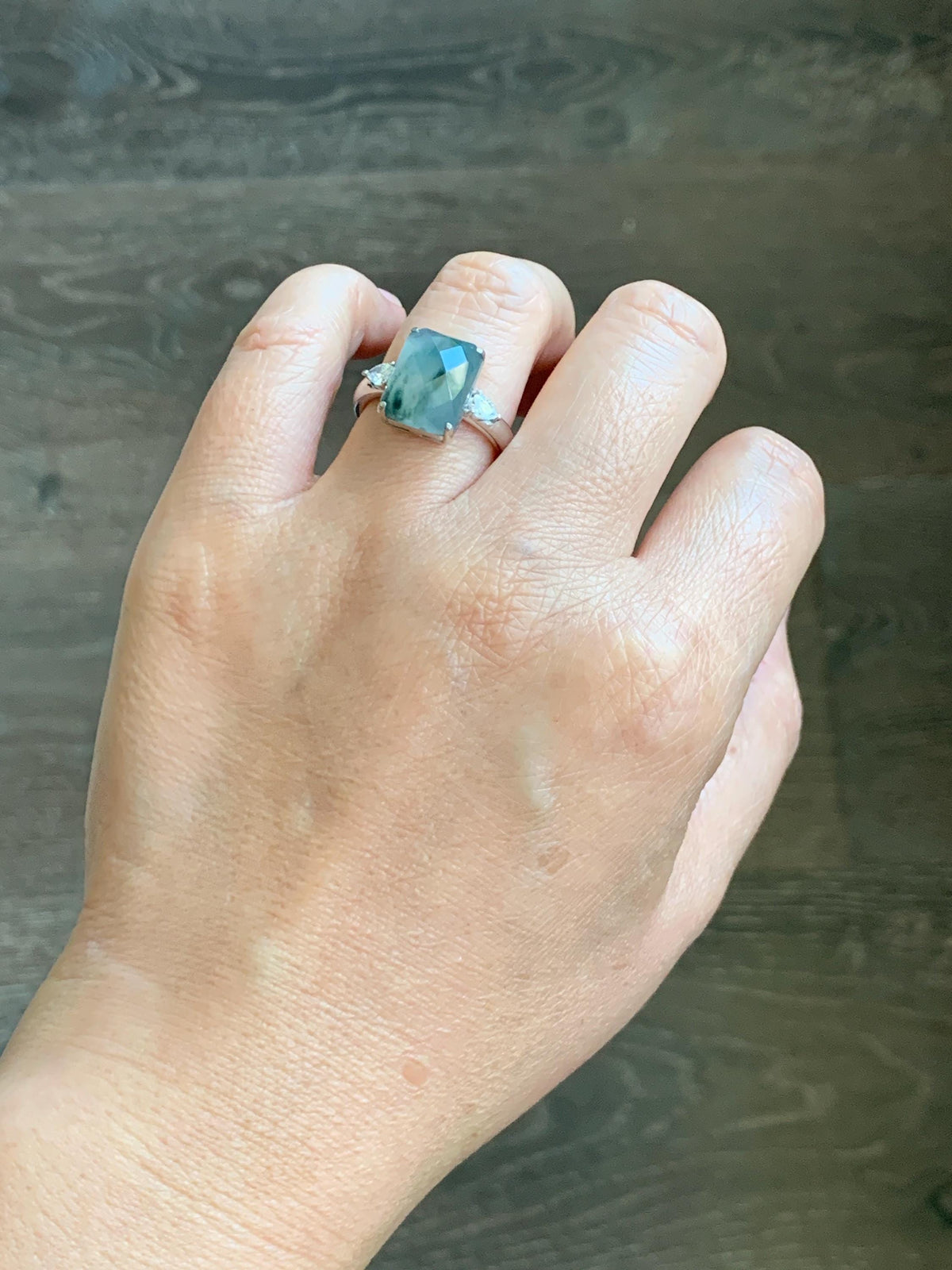 Certified Natural Garde A Icy Highly Translucent Pastel Green Marbled Jade Jadeite Ring Sterling Silver Size 7.5 US 天然冰晴飘花切割面翡翠银镶戒指 1018