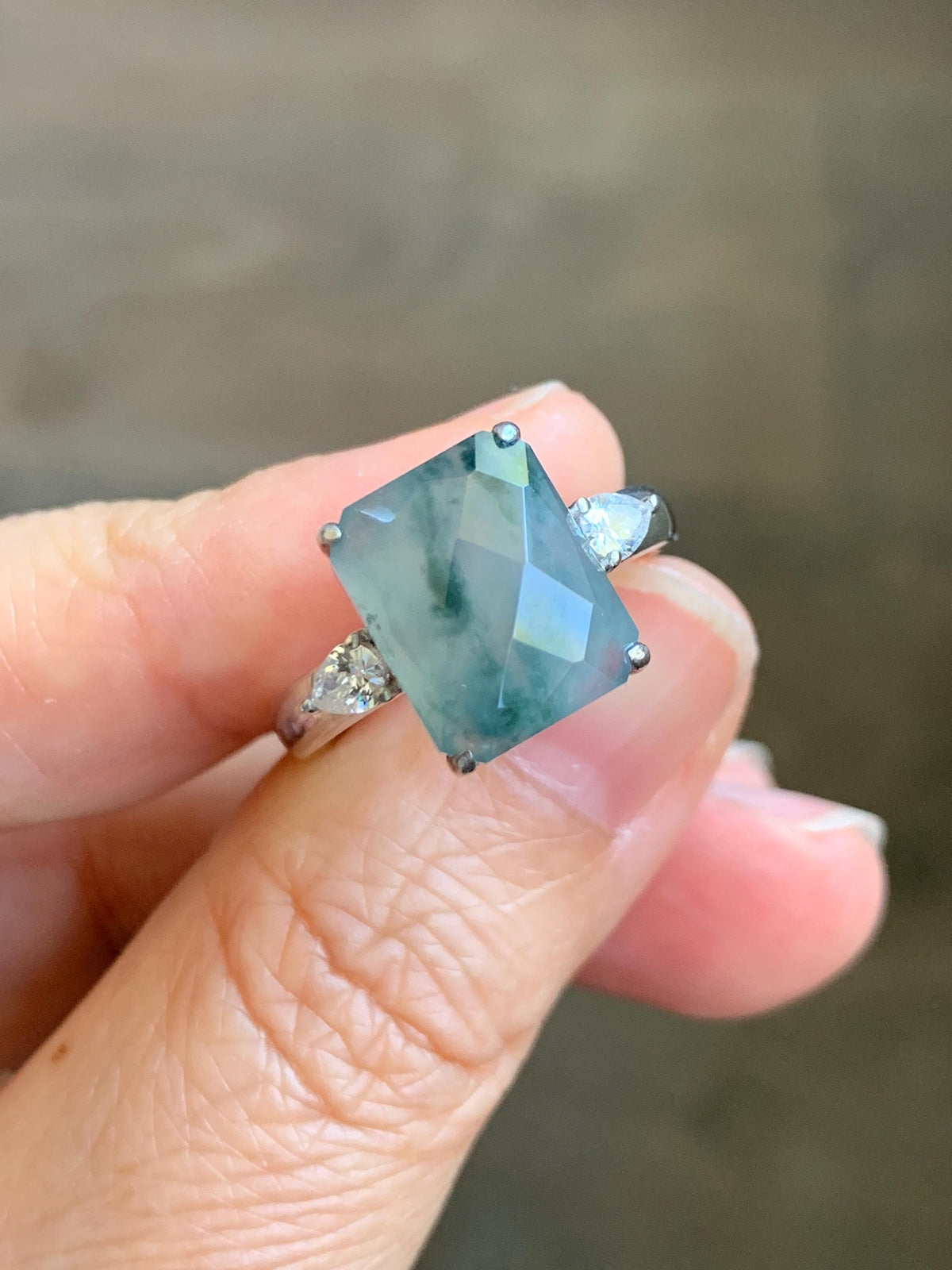 Certified Natural Garde A Icy Highly Translucent Pastel Green Marbled Jade Jadeite Ring Sterling Silver Size 7.5 US 天然冰晴飘花切割面翡翠银镶戒指 1018