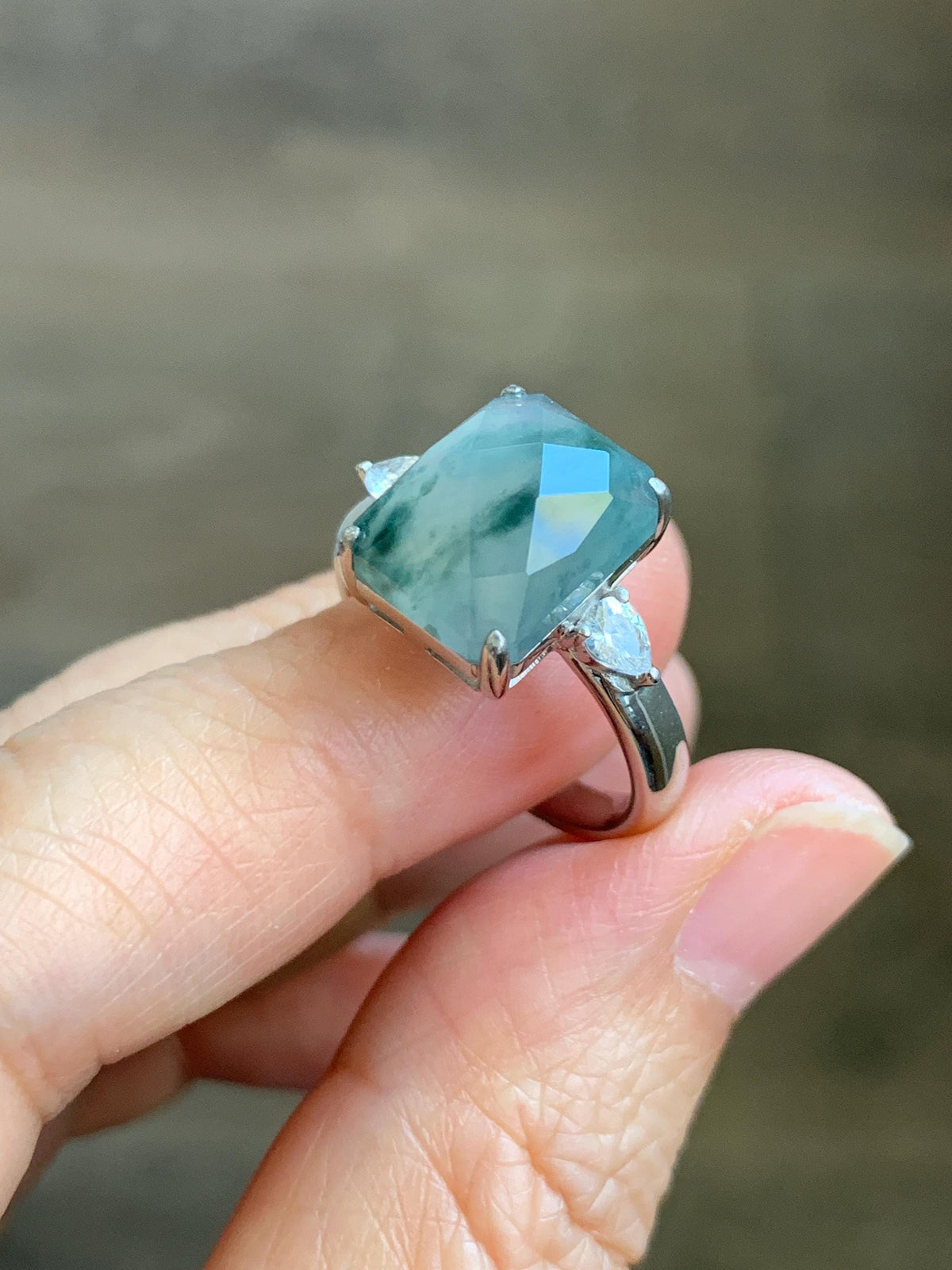 Certified Natural Garde A Icy Highly Translucent Pastel Green Marbled Jade Jadeite Ring Sterling Silver Size 7.5 US 天然冰晴飘花切割面翡翠银镶戒指 1018