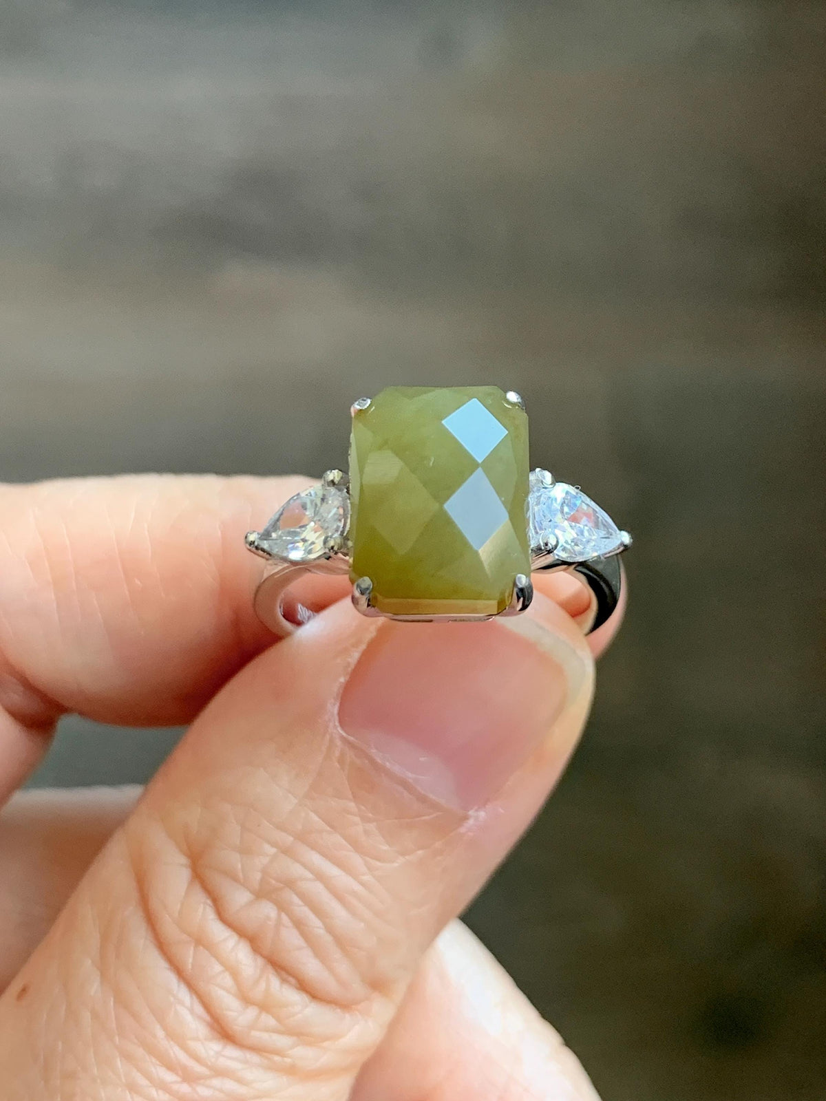 Certified Natural Garde A Icy Translucent Yellowish Olive Green Faceted Jade Jadeite Ring Sterling Silver Size 7.25 US 天然冰茶黄切割面翡翠银镶戒指 1029