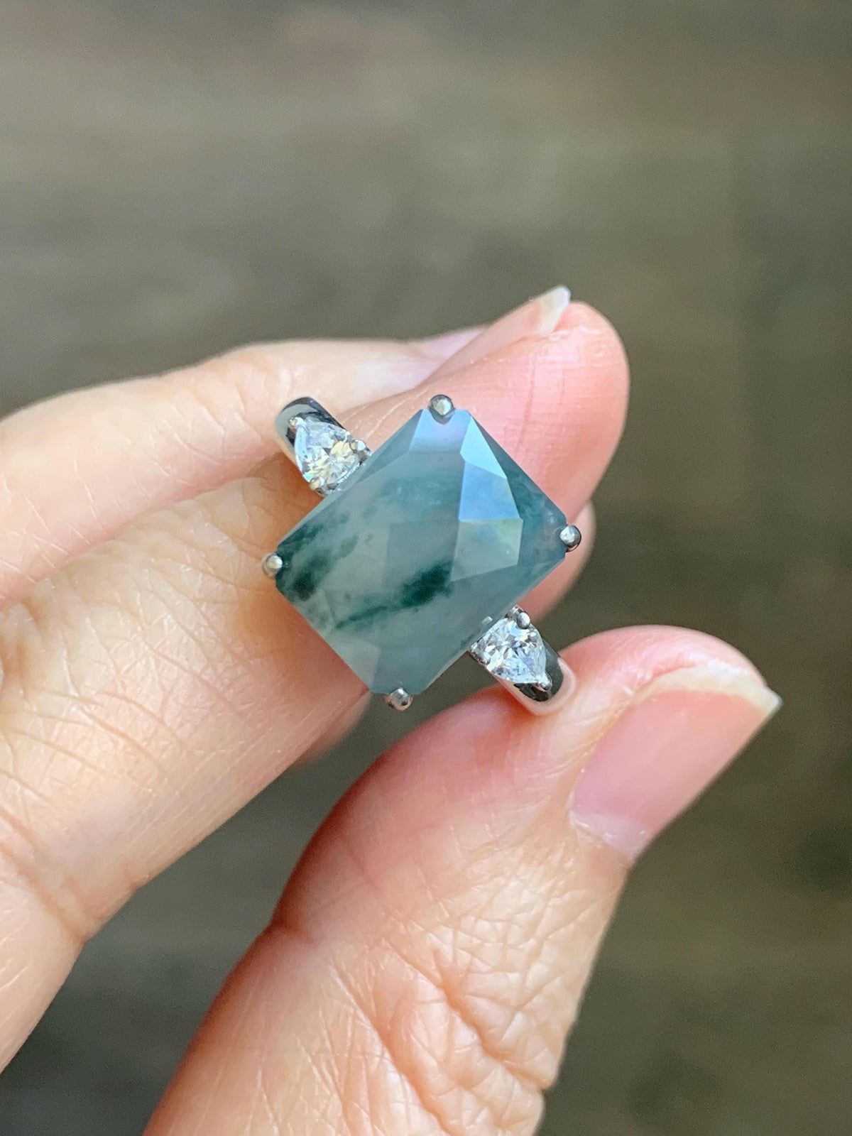 Certified Natural Garde A Icy Highly Translucent Pastel Green Marbled Jade Jadeite Ring Sterling Silver Size 7.5 US 天然冰晴飘花切割面翡翠银镶戒指 1018