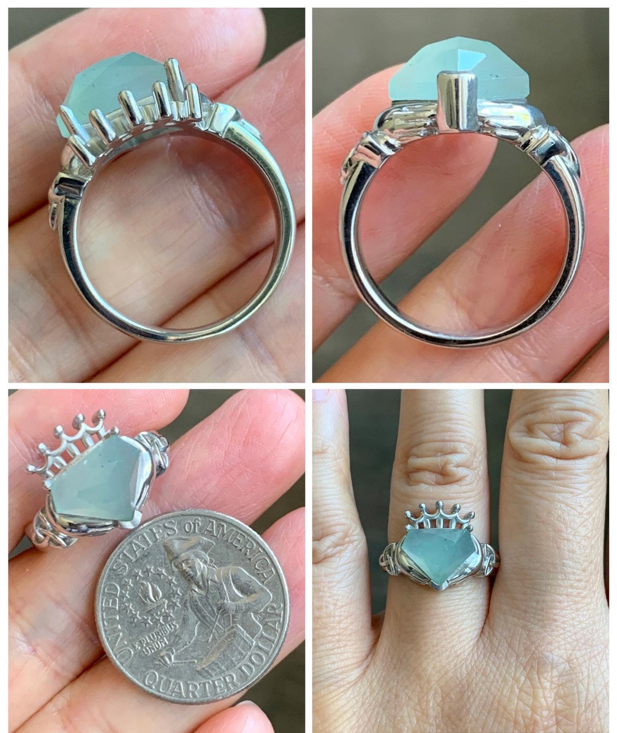 Certified Natural Garde A Icy Highly Translucent Pastel Green Jade Jadeite Claddagh Ring Sterling Silver Size 7.25 US 天然冰晴钻石切割面翡翠克拉达戒指 1028