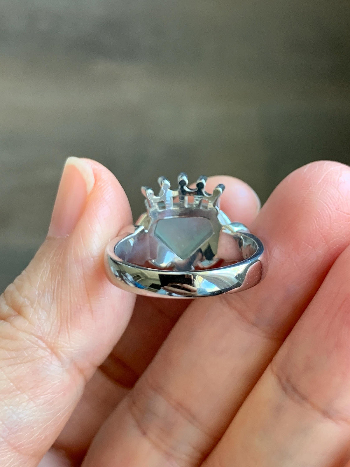 Certified Natural Garde A Icy Highly Translucent Pastel Green Jade Jadeite Claddagh Ring Sterling Silver Size 7.25 US 天然冰晴钻石切割面翡翠克拉达戒指 1028
