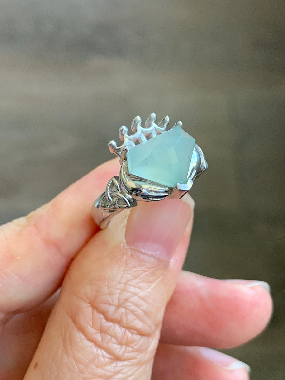Certified Natural Garde A Icy Highly Translucent Pastel Green Jade Jadeite Claddagh Ring Sterling Silver Size 7.25 US 天然冰晴钻石切割面翡翠克拉达戒指 1028