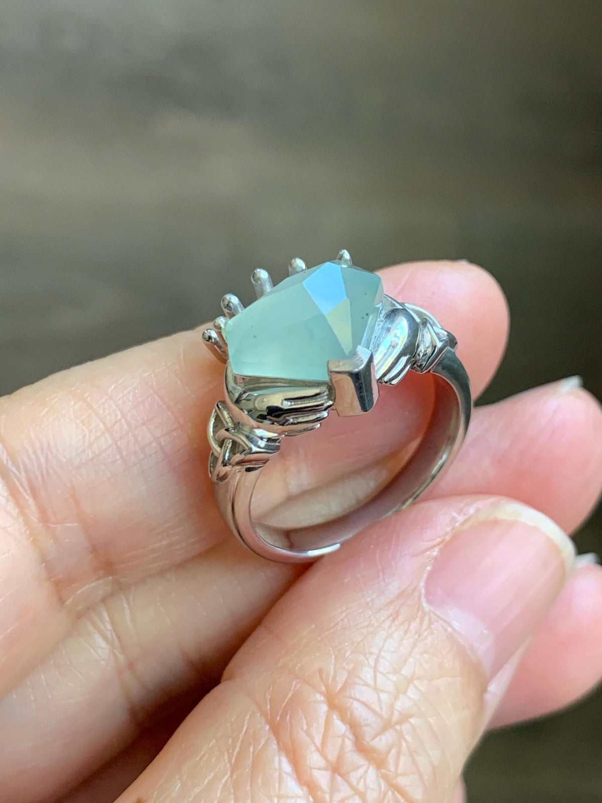 Certified Natural Garde A Icy Highly Translucent Pastel Green Jade Jadeite Claddagh Ring Sterling Silver Size 7.25 US 天然冰晴钻石切割面翡翠克拉达戒指 1028