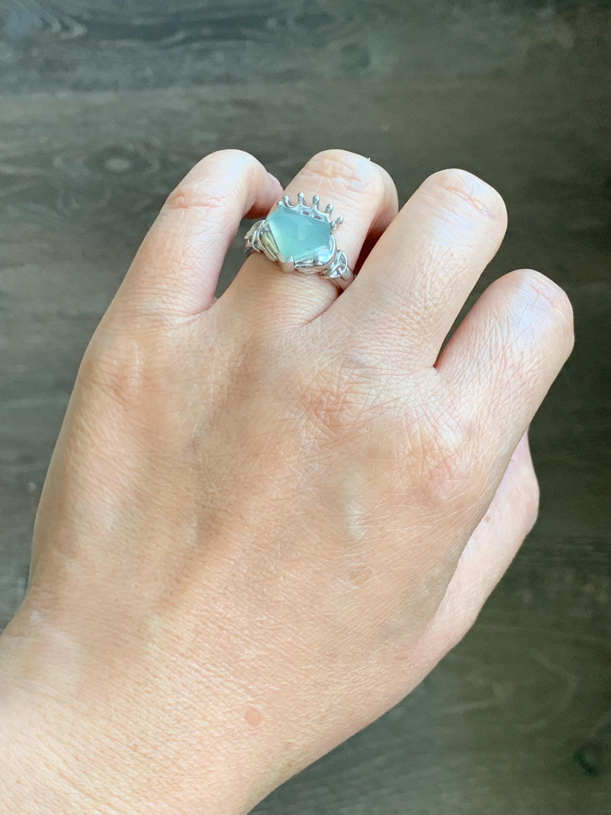 Certified Natural Garde A Icy Highly Translucent Pastel Green Jade Jadeite Claddagh Ring Sterling Silver Size 7.25 US 天然冰晴钻石切割面翡翠克拉达戒指 1028