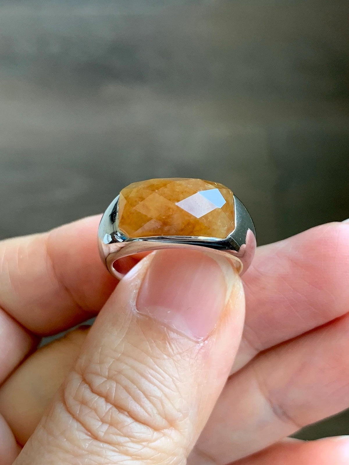 Certified Natural Garde A Icy Translucent Intense Golden Yellow Jade Jadeite Saddle Ring Sterling Silver Size 7.25 US 天然冰红黄翡翠切割面马鞍戒指 1027