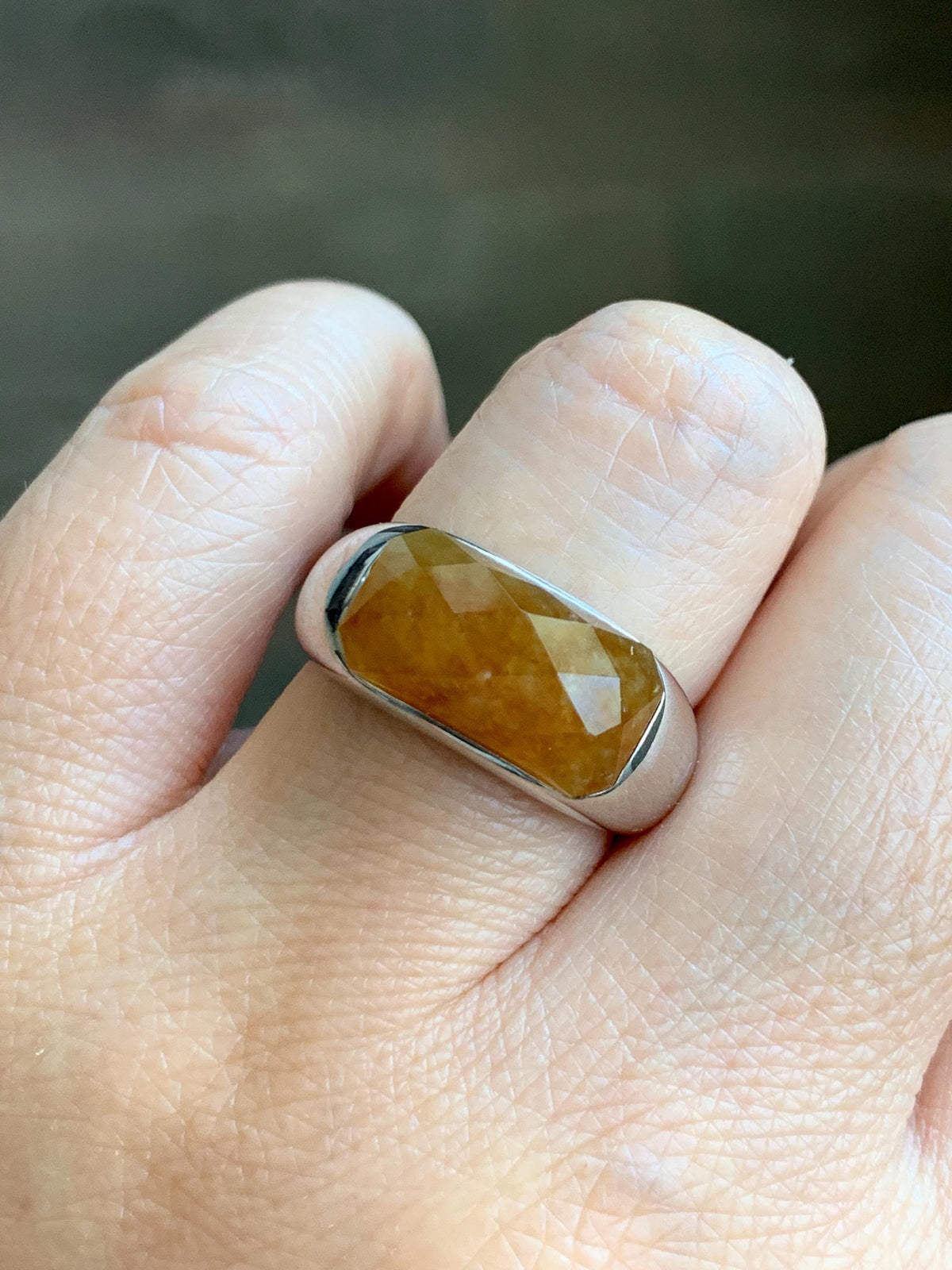 Certified Natural Garde A Icy Translucent Intense Golden Yellow Jade Jadeite Saddle Ring Sterling Silver Size 7.25 US 天然冰红黄翡翠切割面马鞍戒指 1027