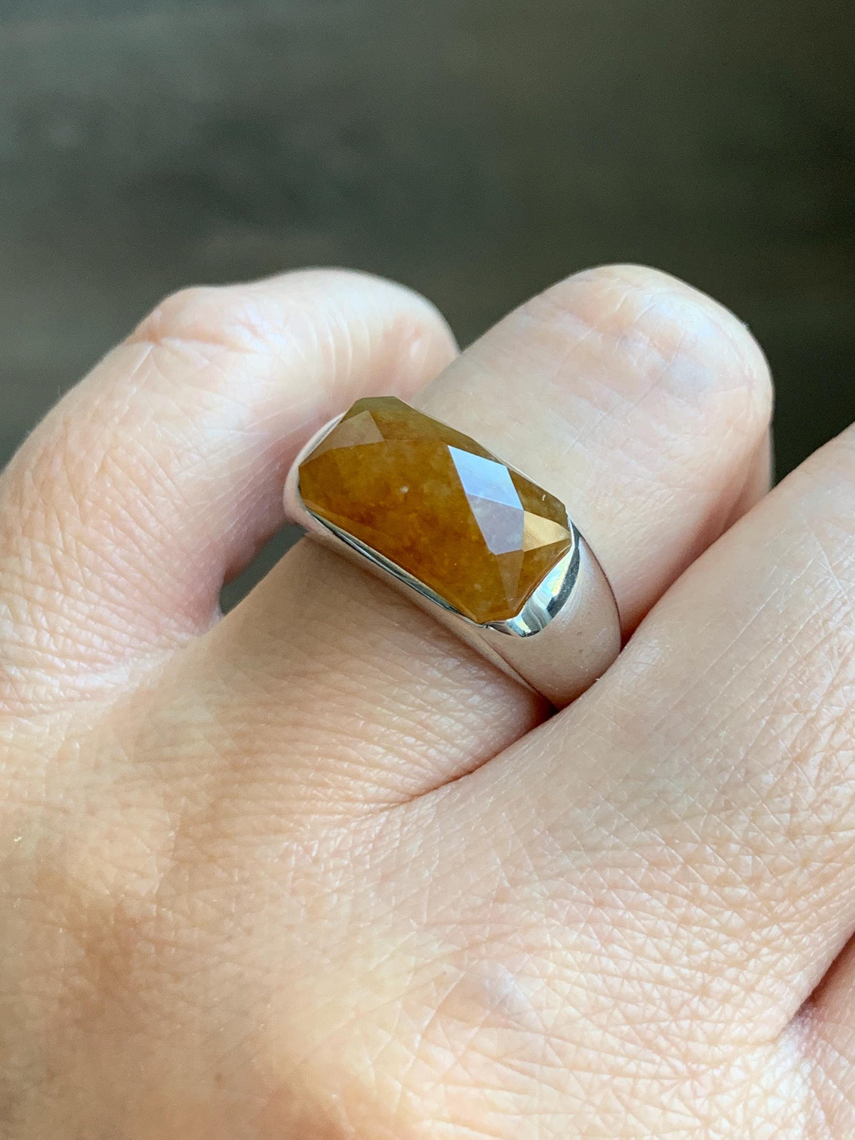 Certified Natural Garde A Icy Translucent Intense Golden Yellow Jade Jadeite Saddle Ring Sterling Silver Size 7.25 US 天然冰红黄翡翠切割面马鞍戒指 1027