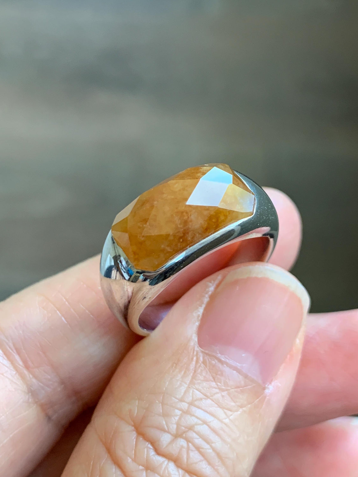 Certified Natural Garde A Icy Translucent Intense Golden Yellow Jade Jadeite Saddle Ring Sterling Silver Size 7.25 US 天然冰红黄翡翠切割面马鞍戒指 1027