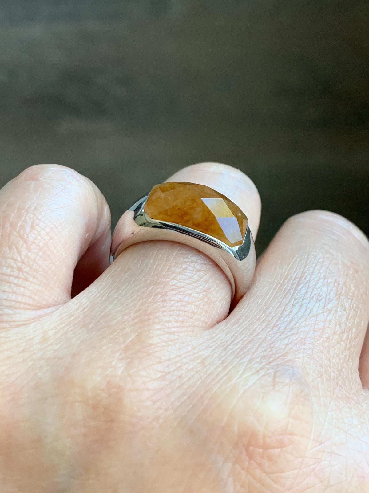 Certified Natural Garde A Icy Translucent Intense Golden Yellow Jade Jadeite Saddle Ring Sterling Silver Size 7.25 US 天然冰红黄翡翠切割面马鞍戒指 1027
