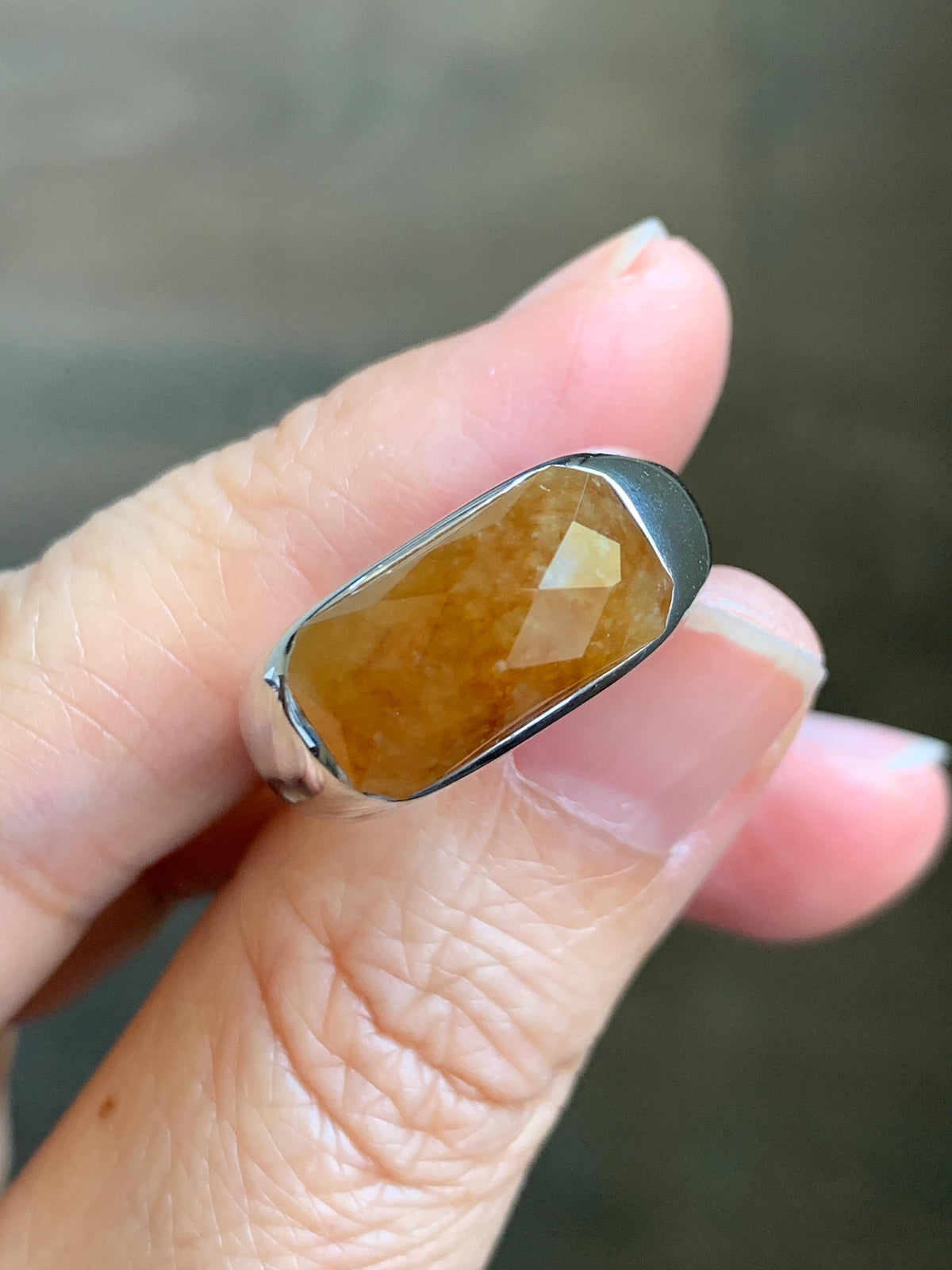 Certified Natural Garde A Icy Translucent Intense Golden Yellow Jade Jadeite Saddle Ring Sterling Silver Size 7.25 US 天然冰红黄翡翠切割面马鞍戒指 1027