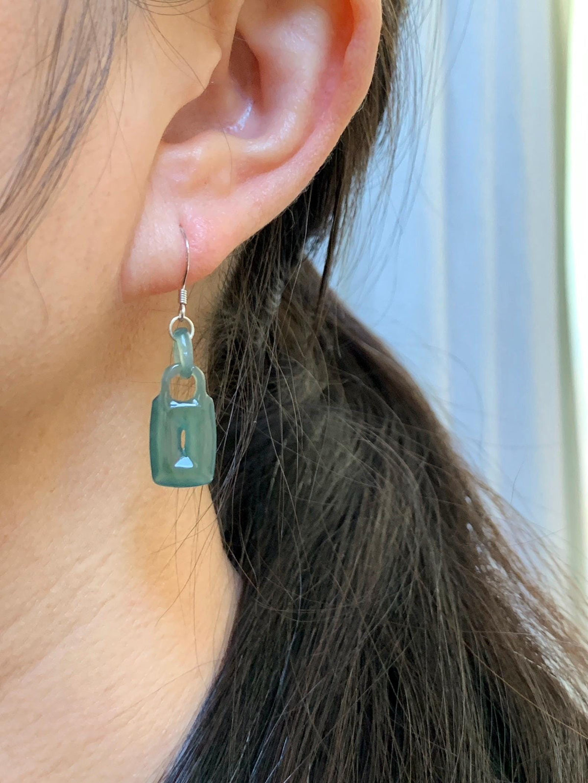 Natural Grade A Guatemalan Icy Dark Teal Green Jade Jadeite w/ Interlocking Rings Dangle Earrings Sterling Silver 天然冰危深蓝绿翡翠环环相扣耳钩 WHH220A