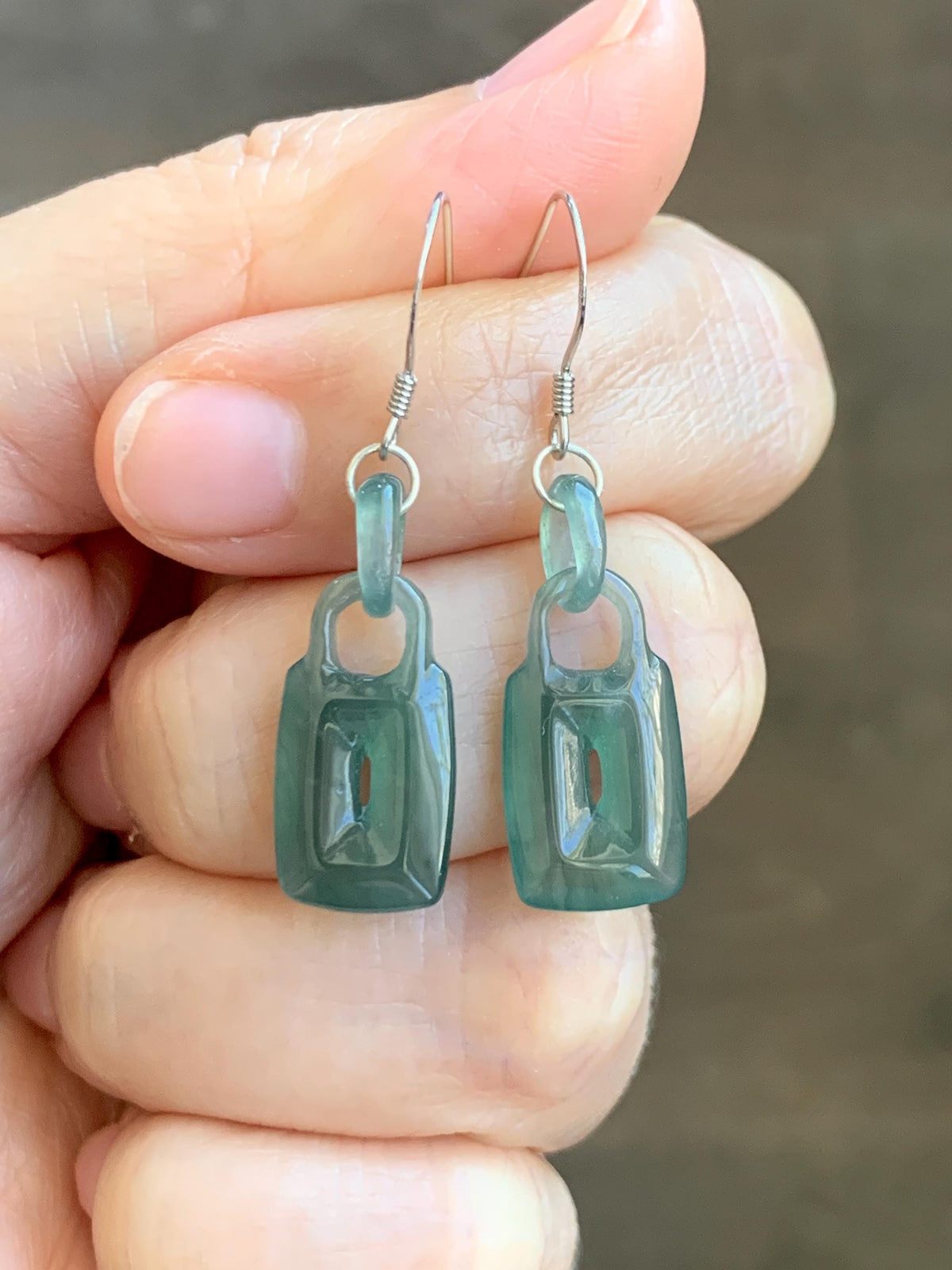 Natural Grade A Guatemalan Icy Dark Teal Green Jade Jadeite w/ Interlocking Rings Dangle Earrings Sterling Silver 天然冰危深蓝绿翡翠环环相扣耳钩 WHH220A
