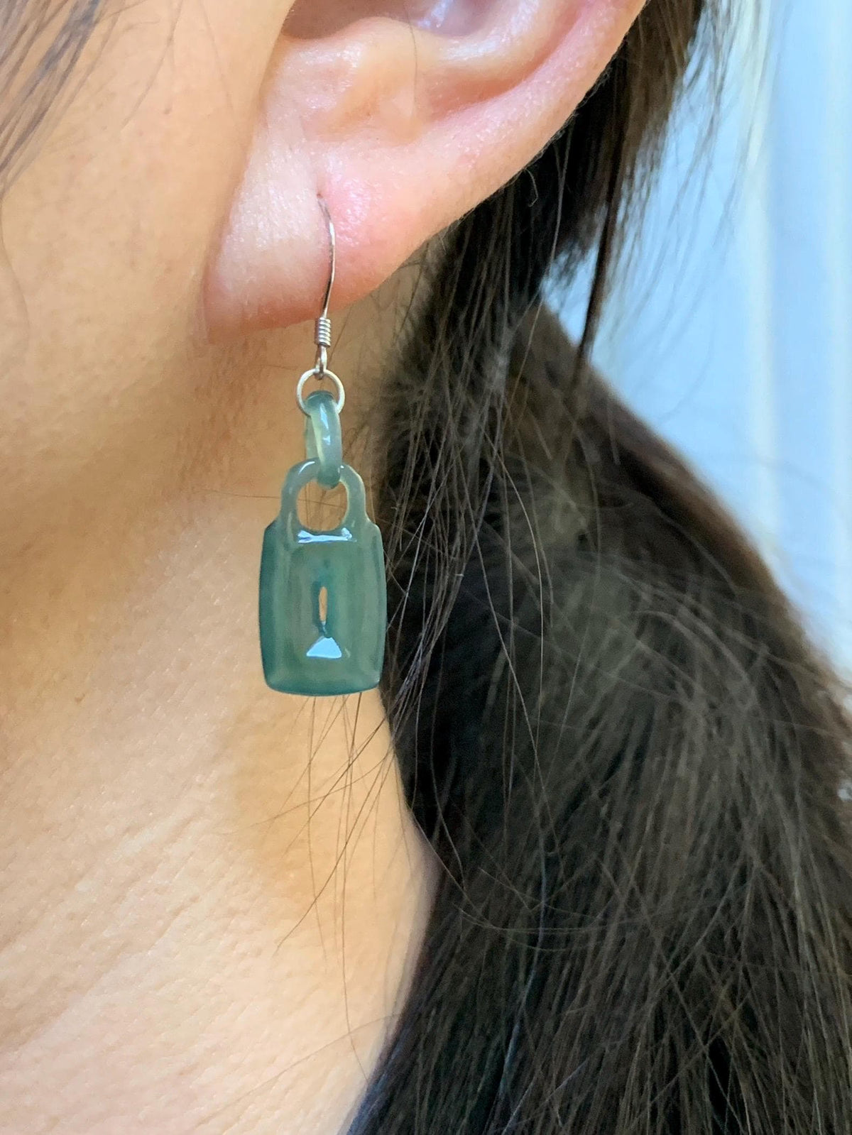 Natural Grade A Guatemalan Icy Dark Teal Green Jade Jadeite w/ Interlocking Rings Dangle Earrings Sterling Silver 天然冰危深蓝绿翡翠环环相扣耳钩 WHH220A