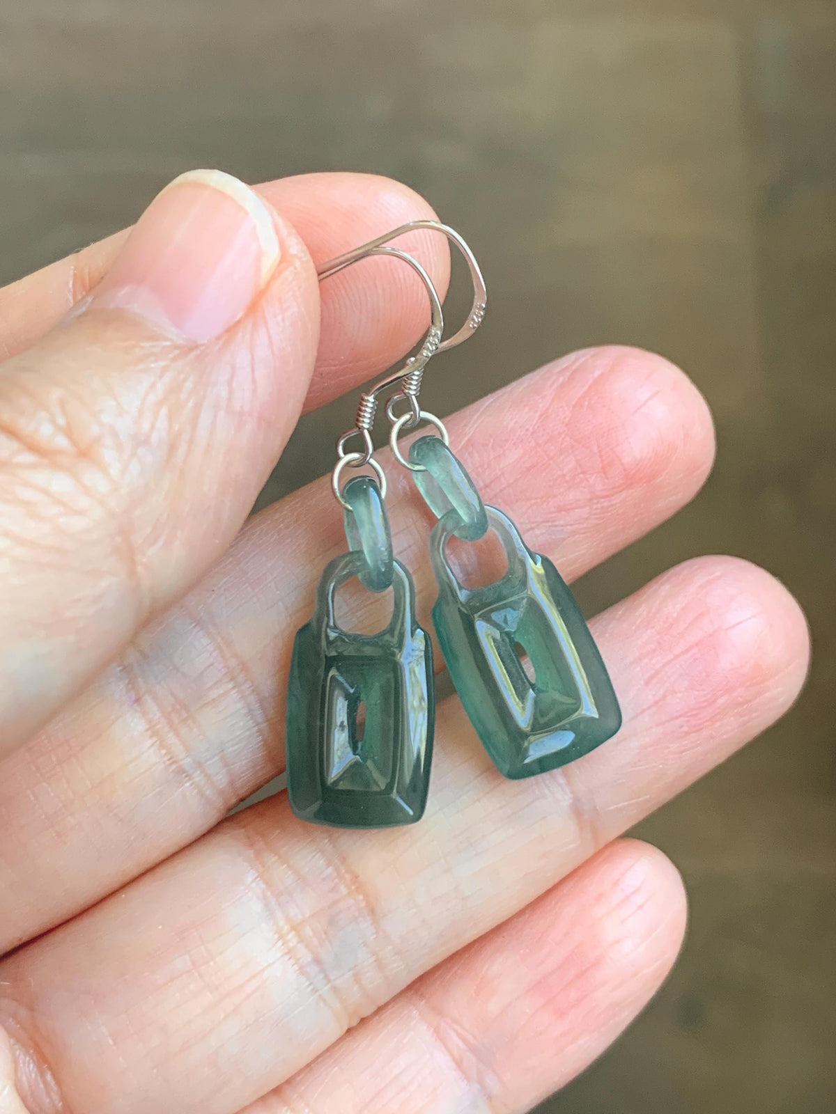 Natural Grade A Guatemalan Icy Dark Teal Green Jade Jadeite w/ Interlocking Rings Dangle Earrings Sterling Silver 天然冰危深蓝绿翡翠环环相扣耳钩 WHH220A