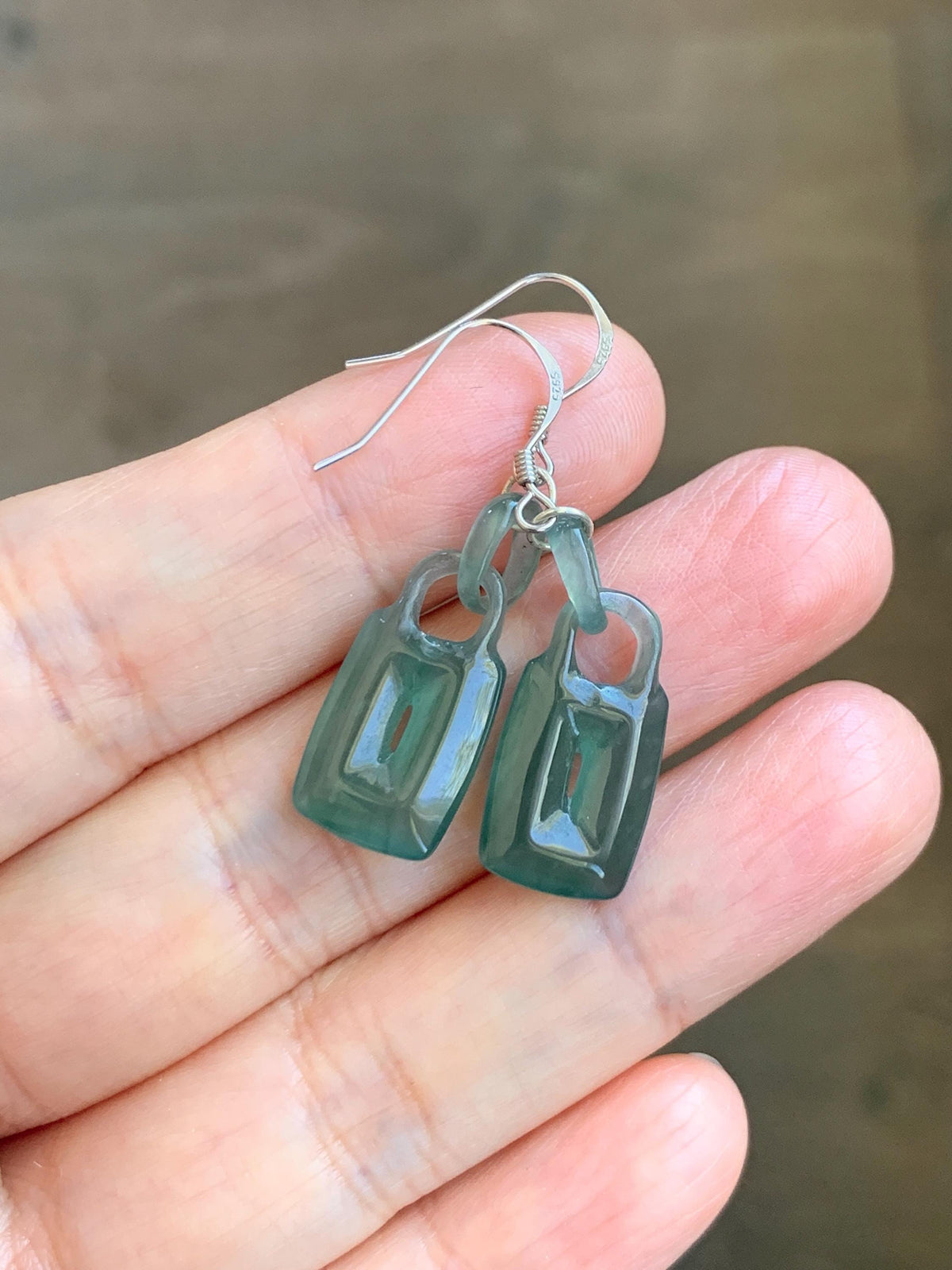 Natural Grade A Guatemalan Icy Dark Teal Green Jade Jadeite w/ Interlocking Rings Dangle Earrings Sterling Silver 天然冰危深蓝绿翡翠环环相扣耳钩 WHH220A