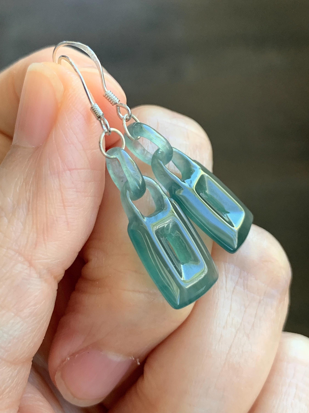Natural Grade A Guatemalan Icy Dark Teal Green Jade Jadeite w/ Interlocking Rings Dangle Earrings Sterling Silver 天然冰危深蓝绿翡翠环环相扣耳钩 WHH220A