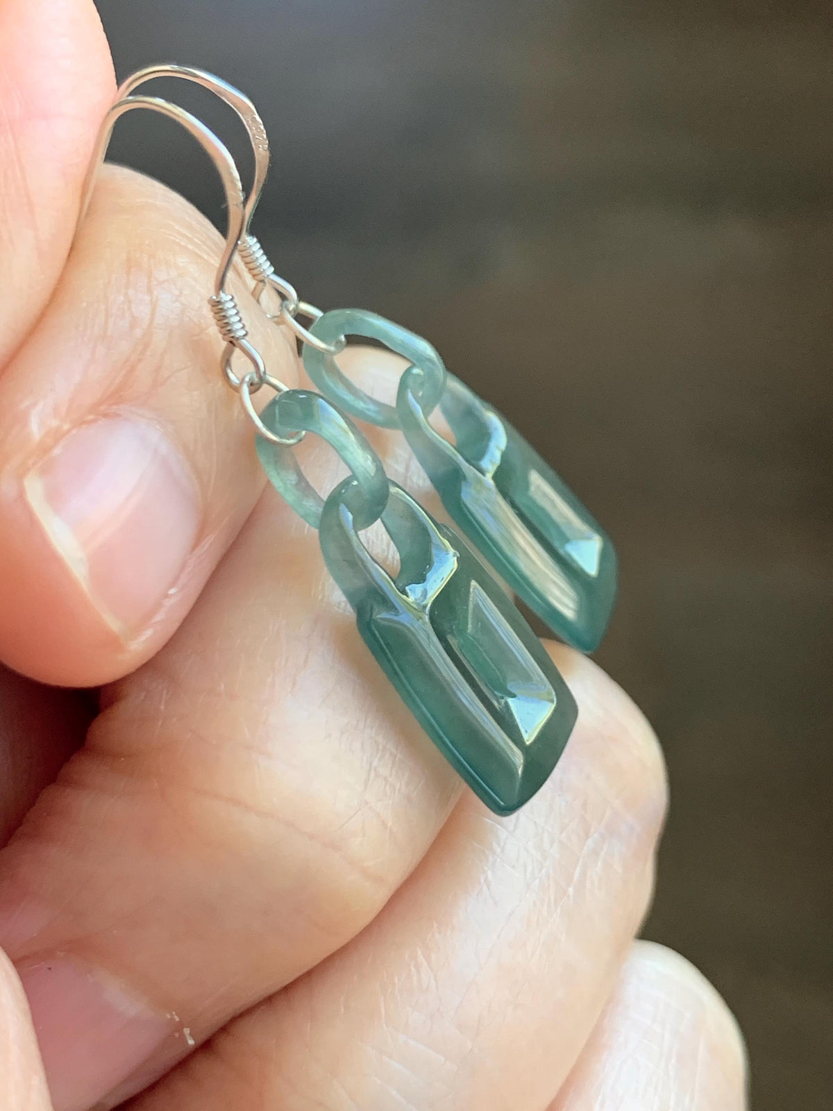 Natural Grade A Guatemalan Icy Dark Teal Green Jade Jadeite w/ Interlocking Rings Dangle Earrings Sterling Silver 天然冰危深蓝绿翡翠环环相扣耳钩 WHH220A