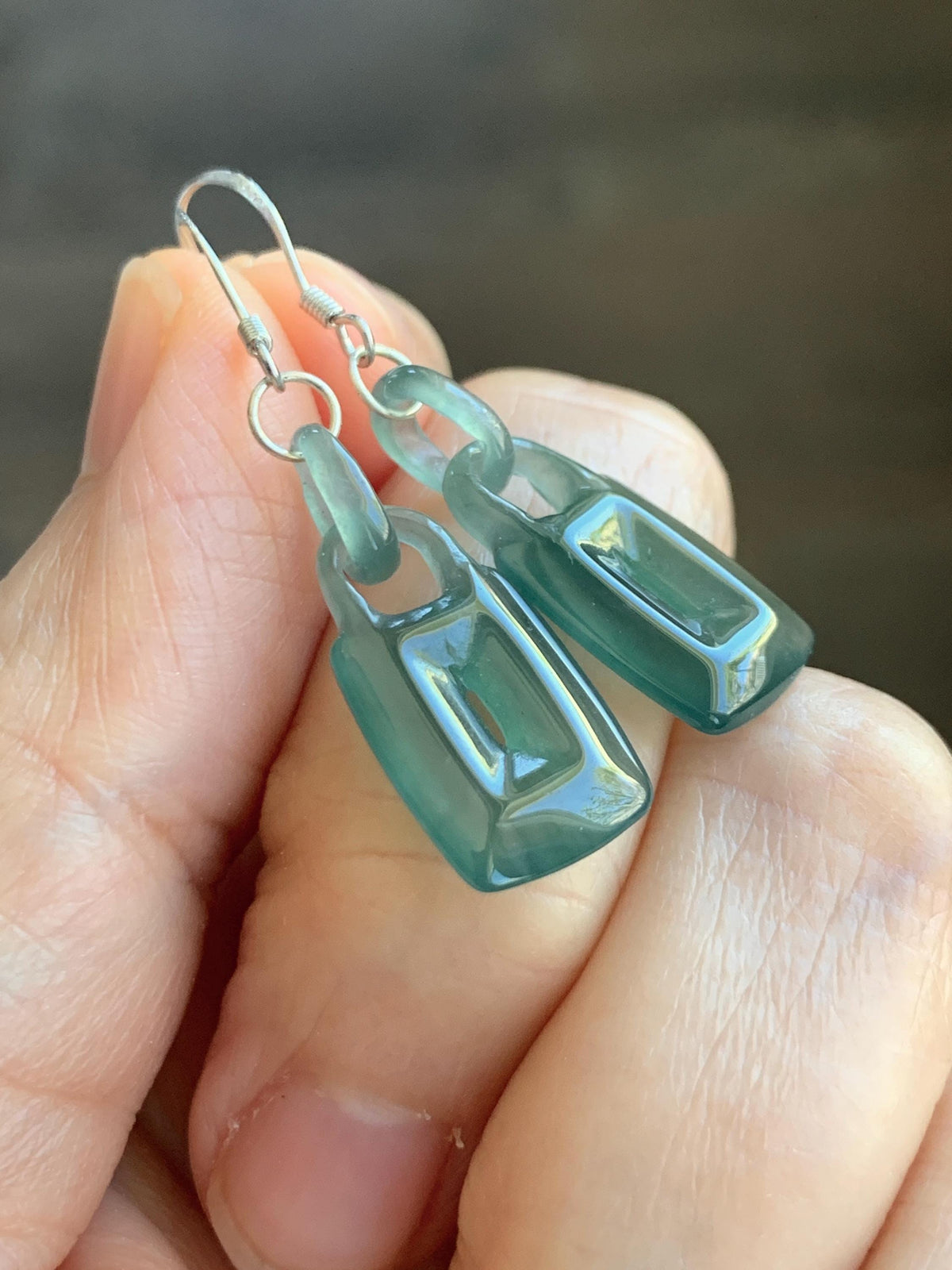 Natural Grade A Guatemalan Icy Dark Teal Green Jade Jadeite w/ Interlocking Rings Dangle Earrings Sterling Silver 天然冰危深蓝绿翡翠环环相扣耳钩 WHH220A