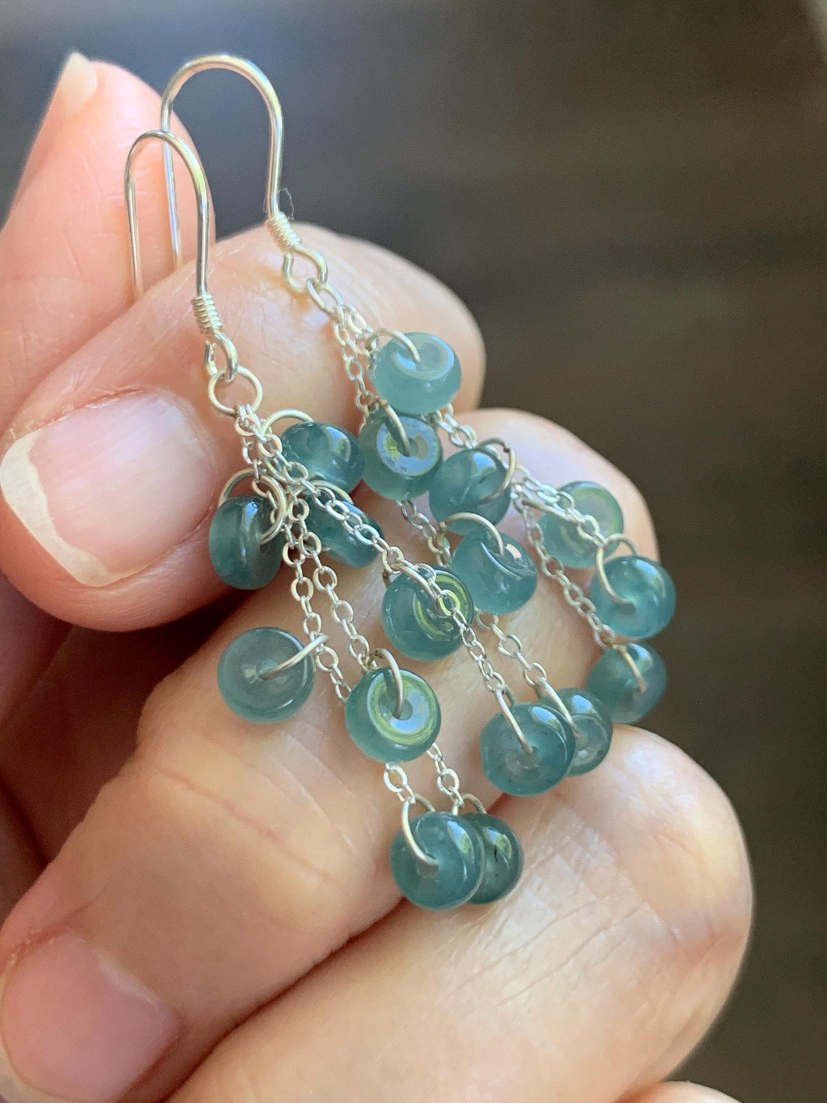 Natural Grade A Guatemalan Icy Translucent Dusty Teal Blue Jade Jadeite Flat Beads Dangle Earrings Sterling Silver 天然冰危蓝绿翡翠算盘珠耳钩 SGY88A