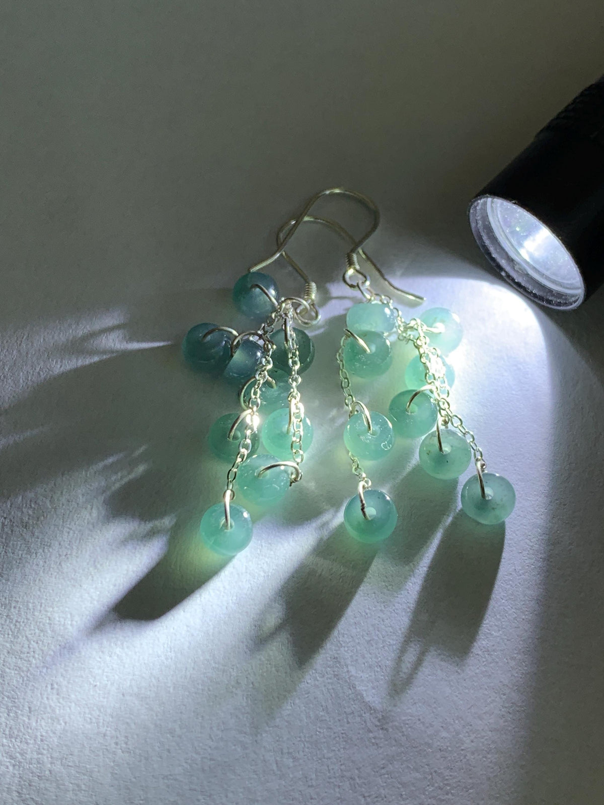 Natural Grade A Guatemalan Icy Translucent Dusty Teal Blue Jade Jadeite Flat Beads Dangle Earrings Sterling Silver 天然冰危蓝绿翡翠算盘珠耳钩 SGY88A