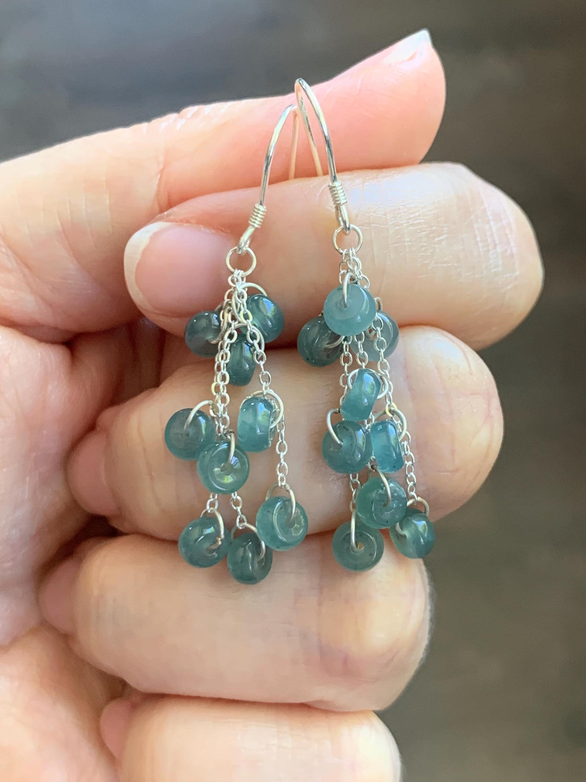 Natural Grade A Guatemalan Icy Translucent Dusty Teal Blue Jade Jadeite Flat Beads Dangle Earrings Sterling Silver 天然冰危蓝绿翡翠算盘珠耳钩 SGY88A