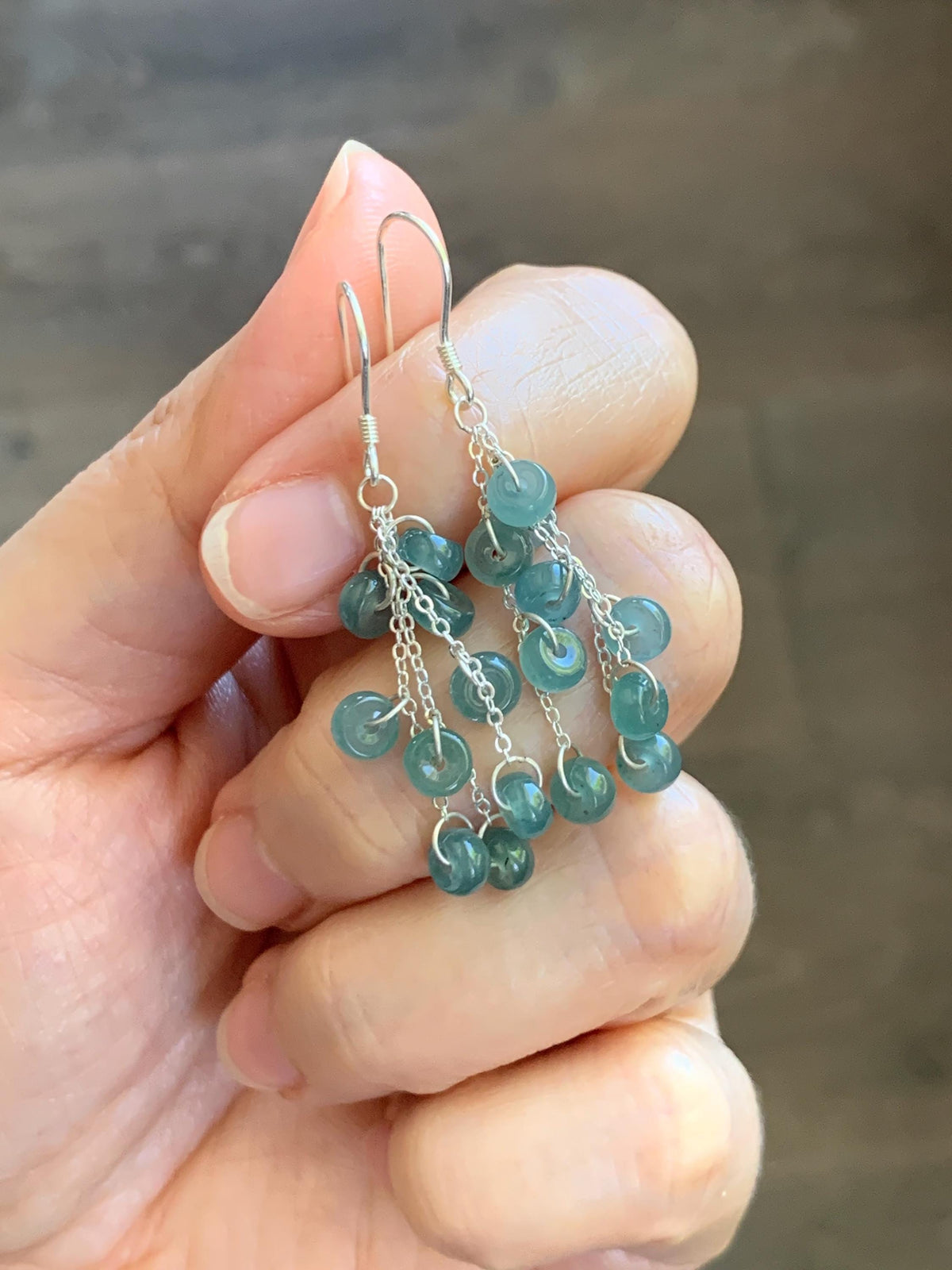 Natural Grade A Guatemalan Icy Translucent Dusty Teal Blue Jade Jadeite Flat Beads Dangle Earrings Sterling Silver 天然冰危蓝绿翡翠算盘珠耳钩 SGY88A