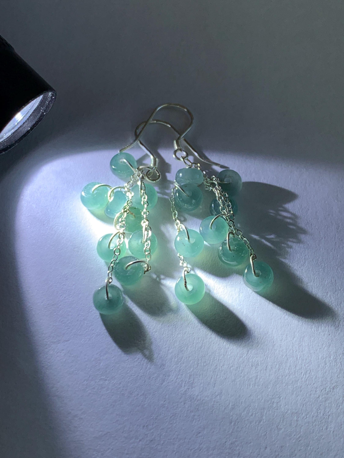 Natural Grade A Guatemalan Icy Translucent Dusty Teal Blue Jade Jadeite Flat Beads Dangle Earrings Sterling Silver 天然冰危蓝绿翡翠算盘珠耳钩 SGY88A