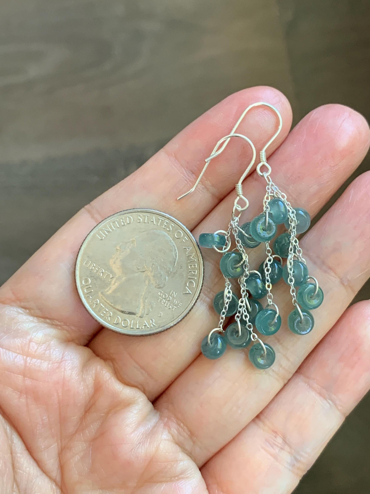 Natural Grade A Guatemalan Icy Translucent Dusty Teal Blue Jade Jadeite Flat Beads Dangle Earrings Sterling Silver 天然冰危蓝绿翡翠算盘珠耳钩 SGY88A