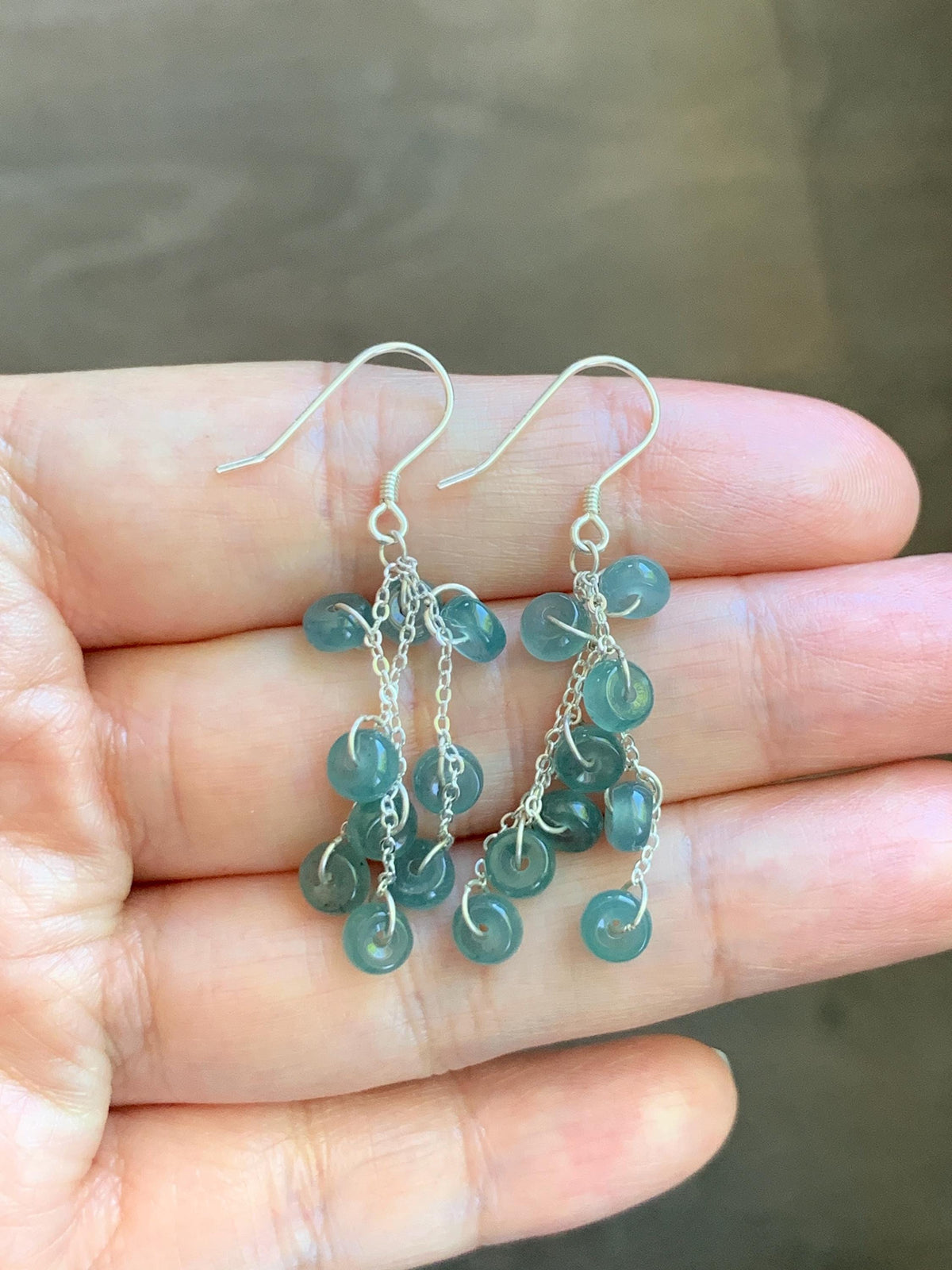 Natural Grade A Guatemalan Icy Translucent Dusty Teal Blue Jade Jadeite Flat Beads Dangle Earrings Sterling Silver 天然冰危蓝绿翡翠算盘珠耳钩 SGY88A