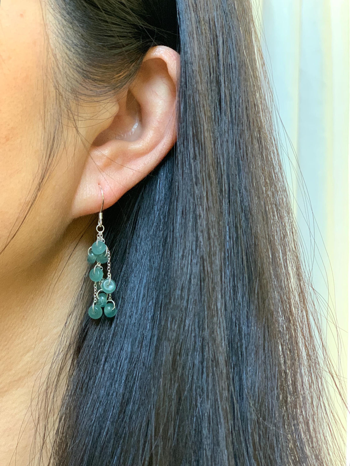 Natural Grade A Guatemalan Icy Translucent Dusty Teal Blue Jade Jadeite Flat Beads Dangle Earrings Sterling Silver 天然冰危蓝绿翡翠算盘珠耳钩 SGY88A