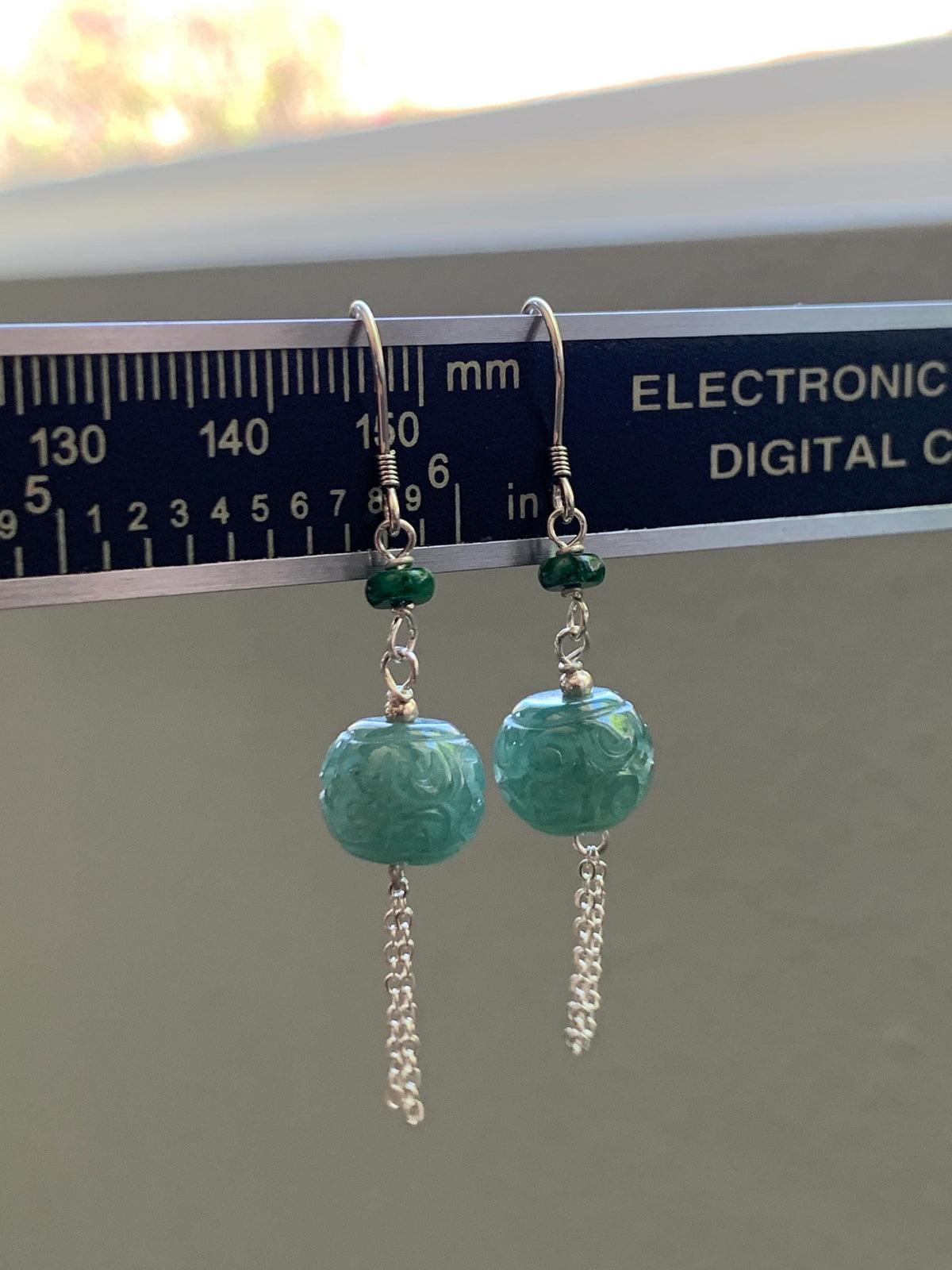 Natural Grade A Guatemalan Icy Translucent Dusty Teal Blue Jade Jadeite Drum Beads Dangle Earrings Sterling Silver 天然冰危蓝绿翡翠鼓珠耳钩 SGY88B
