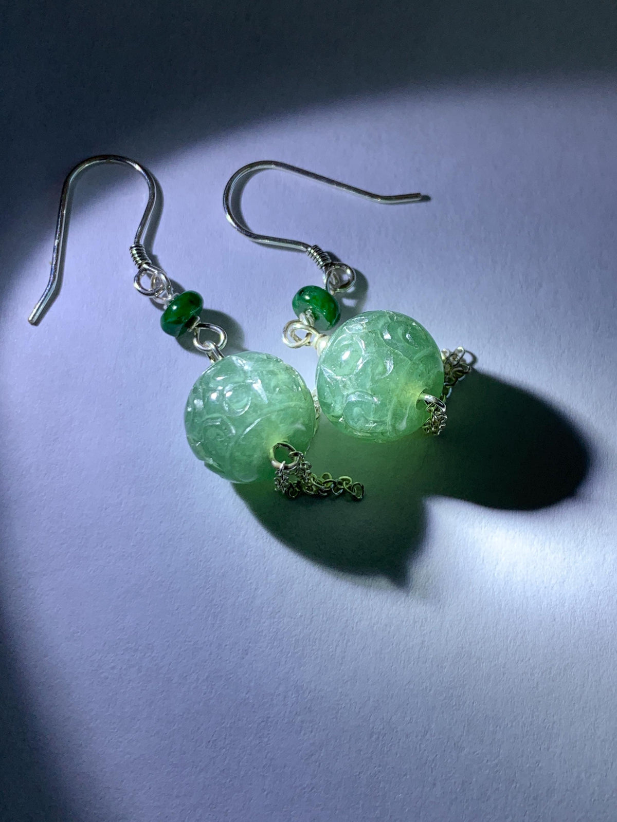 Natural Grade A Guatemalan Icy Translucent Dusty Teal Blue Jade Jadeite Drum Beads Dangle Earrings Sterling Silver 天然冰危蓝绿翡翠鼓珠耳钩 SGY88B