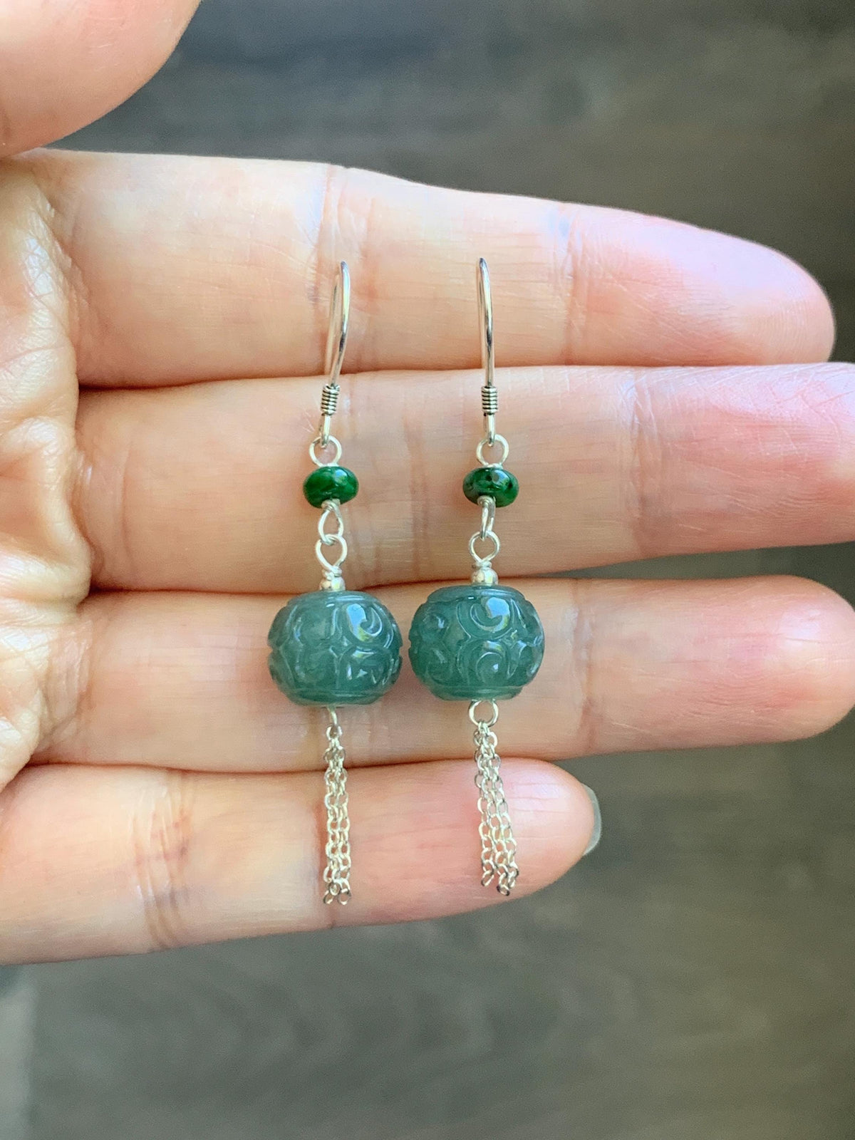 Natural Grade A Guatemalan Icy Translucent Dusty Teal Blue Jade Jadeite Drum Beads Dangle Earrings Sterling Silver 天然冰危蓝绿翡翠鼓珠耳钩 SGY88B