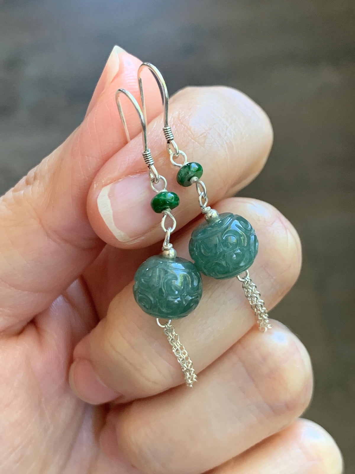 Natural Grade A Guatemalan Icy Translucent Dusty Teal Blue Jade Jadeite Drum Beads Dangle Earrings Sterling Silver 天然冰危蓝绿翡翠鼓珠耳钩 SGY88B