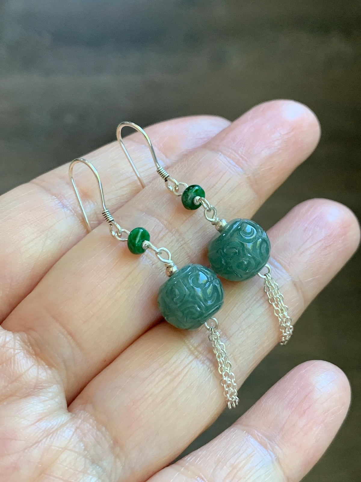 Natural Grade A Guatemalan Icy Translucent Dusty Teal Blue Jade Jadeite Drum Beads Dangle Earrings Sterling Silver 天然冰危蓝绿翡翠鼓珠耳钩 SGY88B