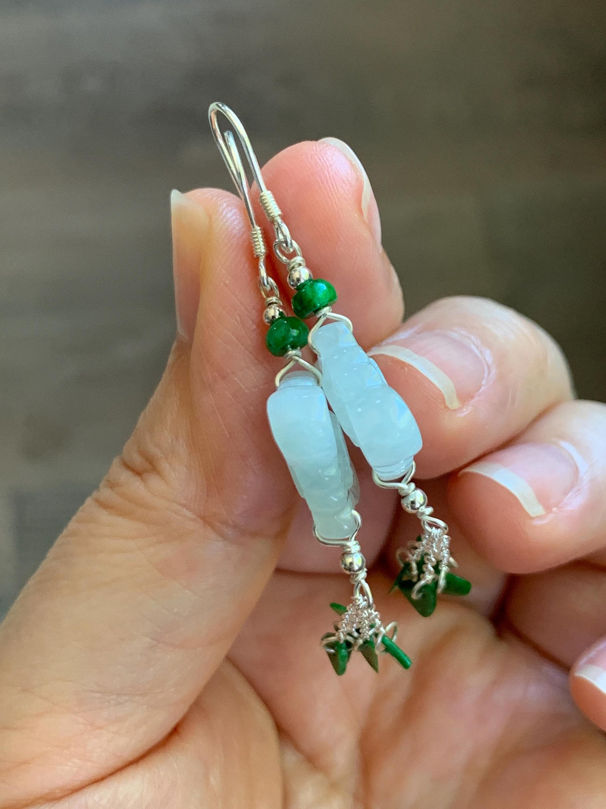 Natural Grade A Icy Translucent White Jade Jadeite Drum Chinese Knot Hot Green Jadeite Dangle Earrings Sterling Silver 天然白冰翡翠中国结碎碎耳钩 SGY88C