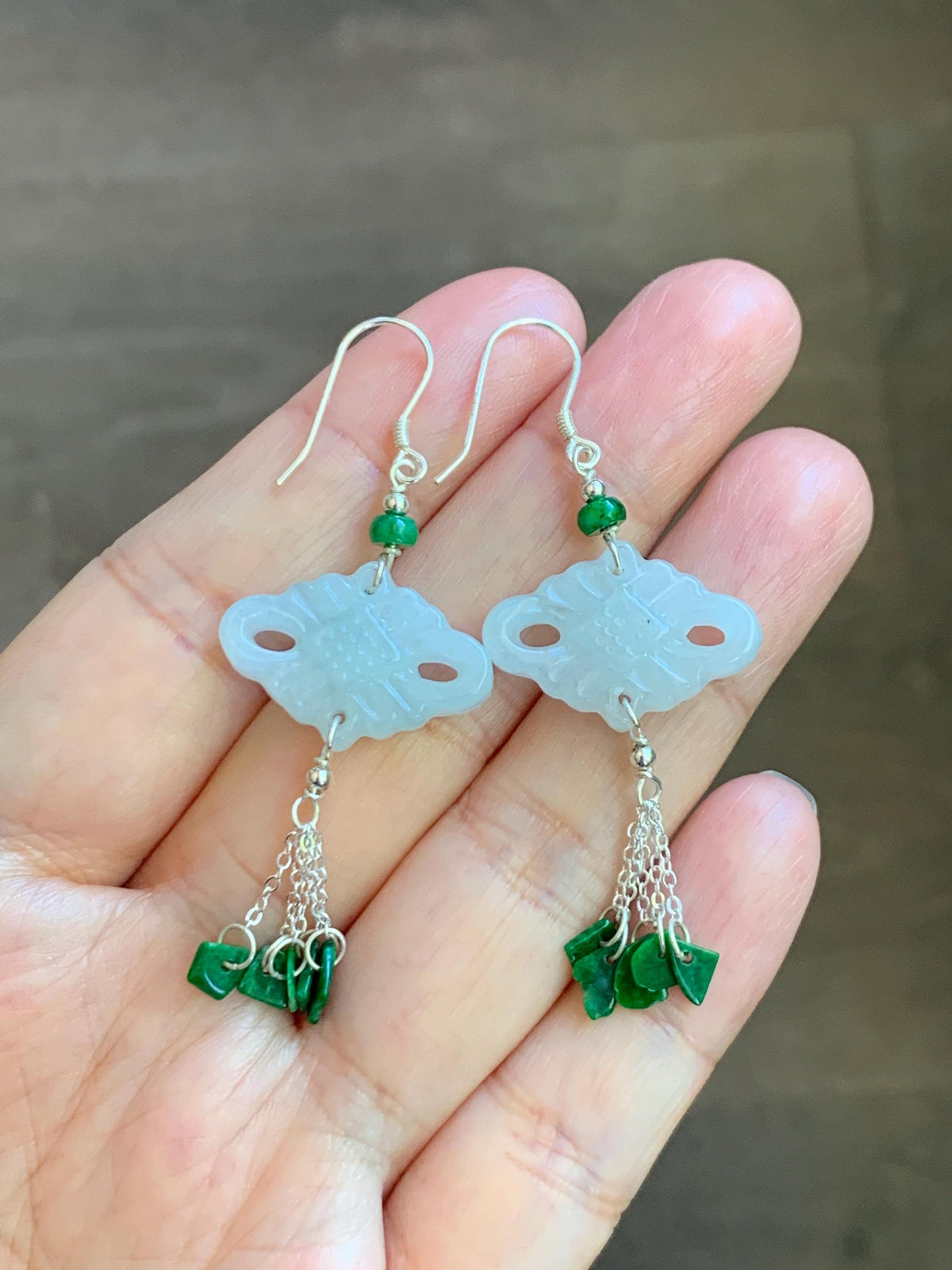 Natural Grade A Icy Translucent White Jade Jadeite Drum Chinese Knot Hot Green Jadeite Dangle Earrings Sterling Silver 天然白冰翡翠中国结碎碎耳钩 SGY88C