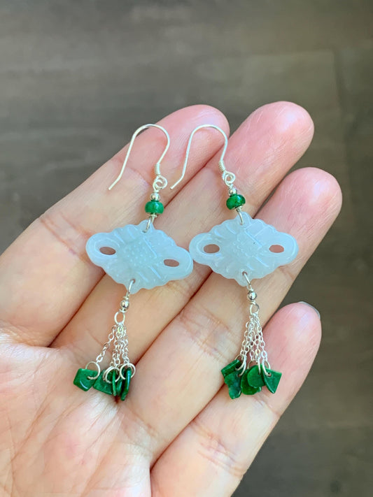 Natural Grade A Icy Translucent White Jade Jadeite Drum Chinese Knot Hot Green Jadeite Dangle Earrings Sterling Silver 天然白冰翡翠中国结碎碎耳钩 SGY88C